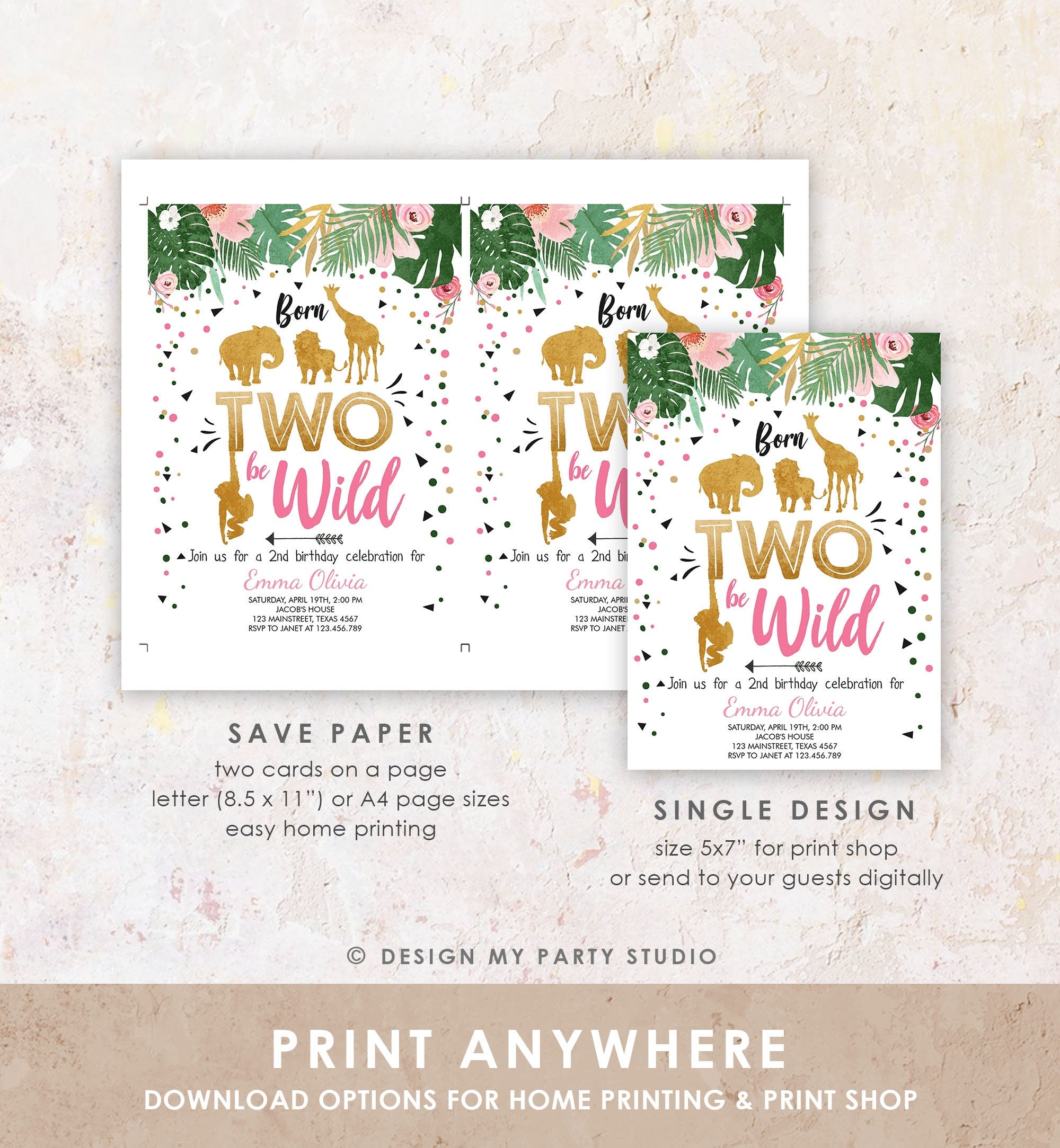 Editable Born Two Be Wild Birthday Invitation Girl Animals Jungle Safari Pink Gold 2nd Birthday Download Printable Template Digital 0016