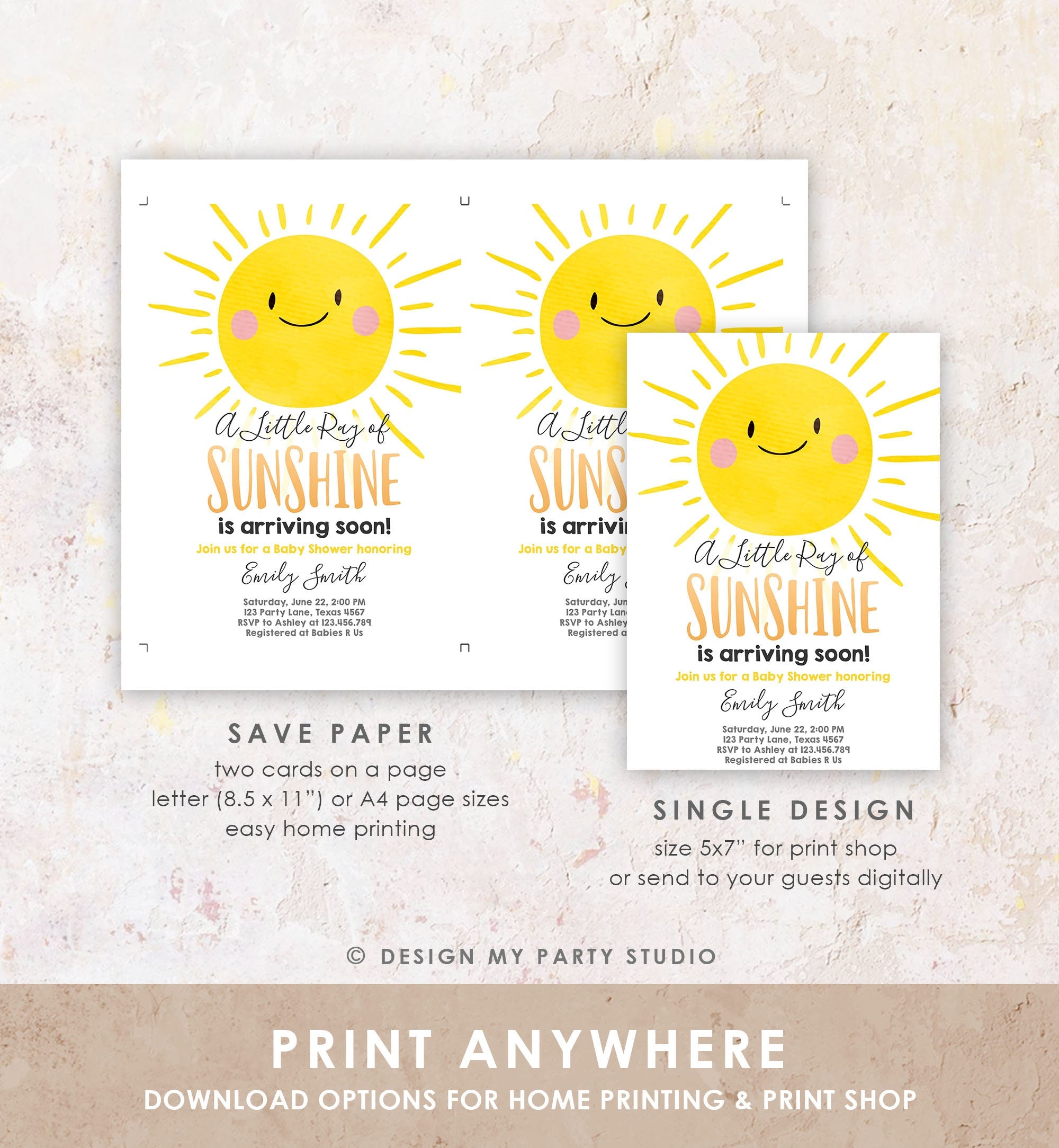 Editable Sunshine Baby Shower Invitation A Ray of Sunshine Little Sunshine Gender Neutral Invite Download Sigital Template Printable 0141