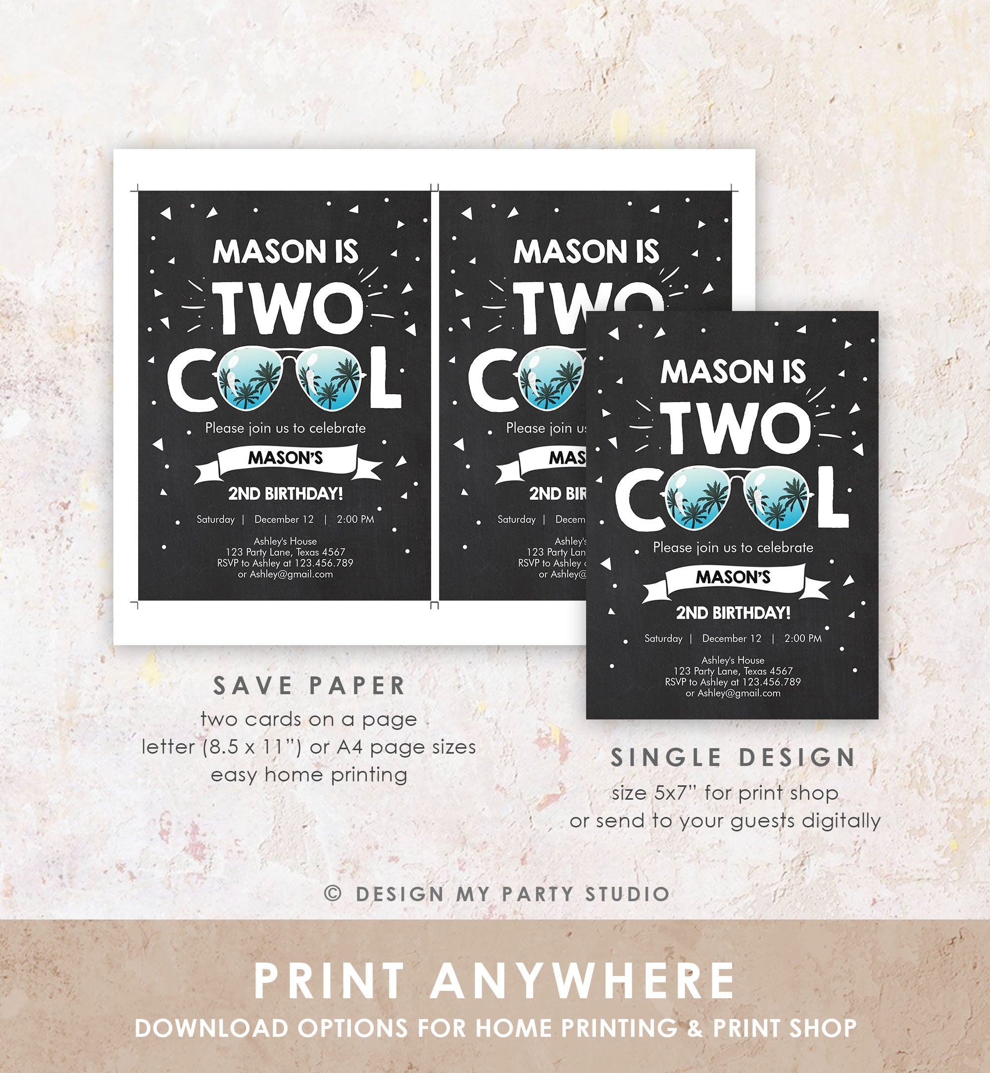 Editable Two Cool Birthday Invitation Boy Second Birthday Party 2nd I'm this Many Two Cool Download Printable Digital Template Evite 0136