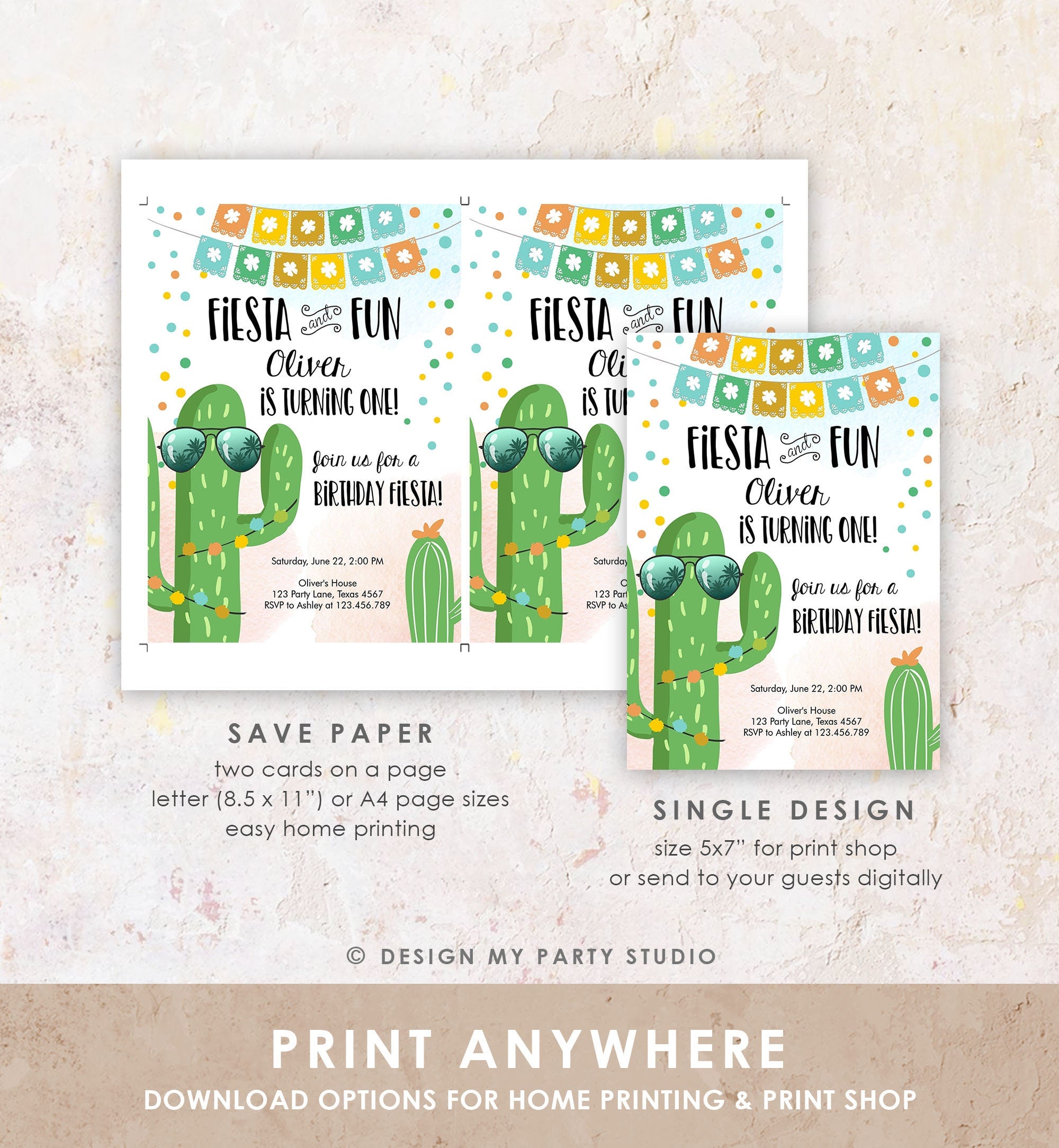 Editable Fiesta and Fun Birthday Invitation First Fiesta Cactus Sunglasses Blue Boy ANY AGE Instant Download Digital Template Printable 0135