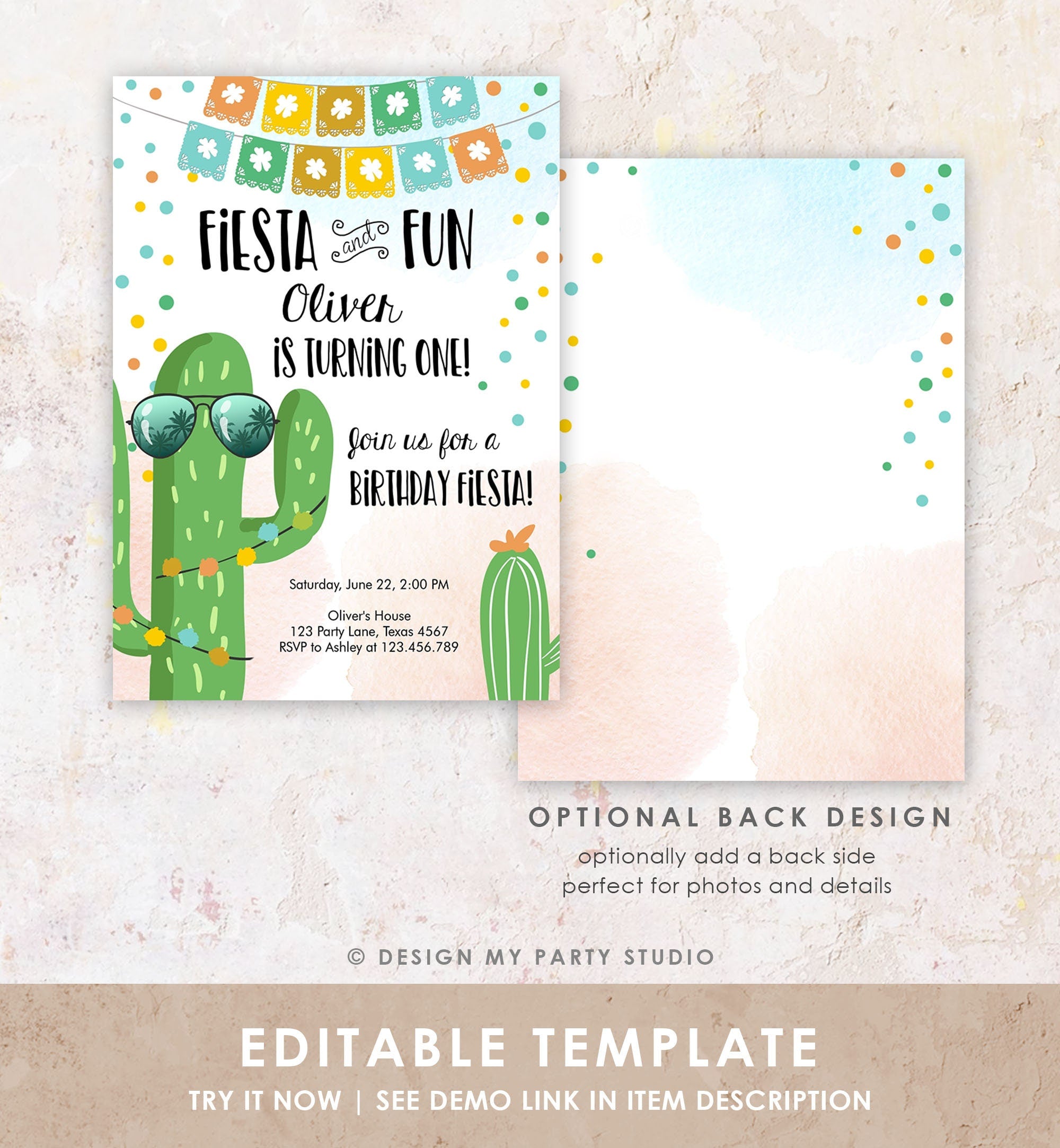 Editable Fiesta and Fun Birthday Invitation First Fiesta Cactus Sunglasses Blue Boy ANY AGE Instant Download Digital Template Printable 0135