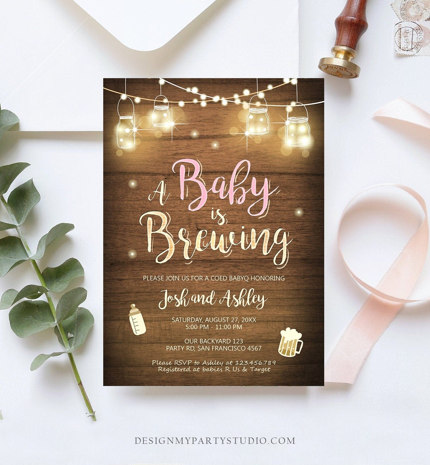 Editable A Baby is Brewing Invitation Bottle and Beers Baby Shower BaByQ BBQ Coed Couples Shower Girl Download Evite Template Printable 0015