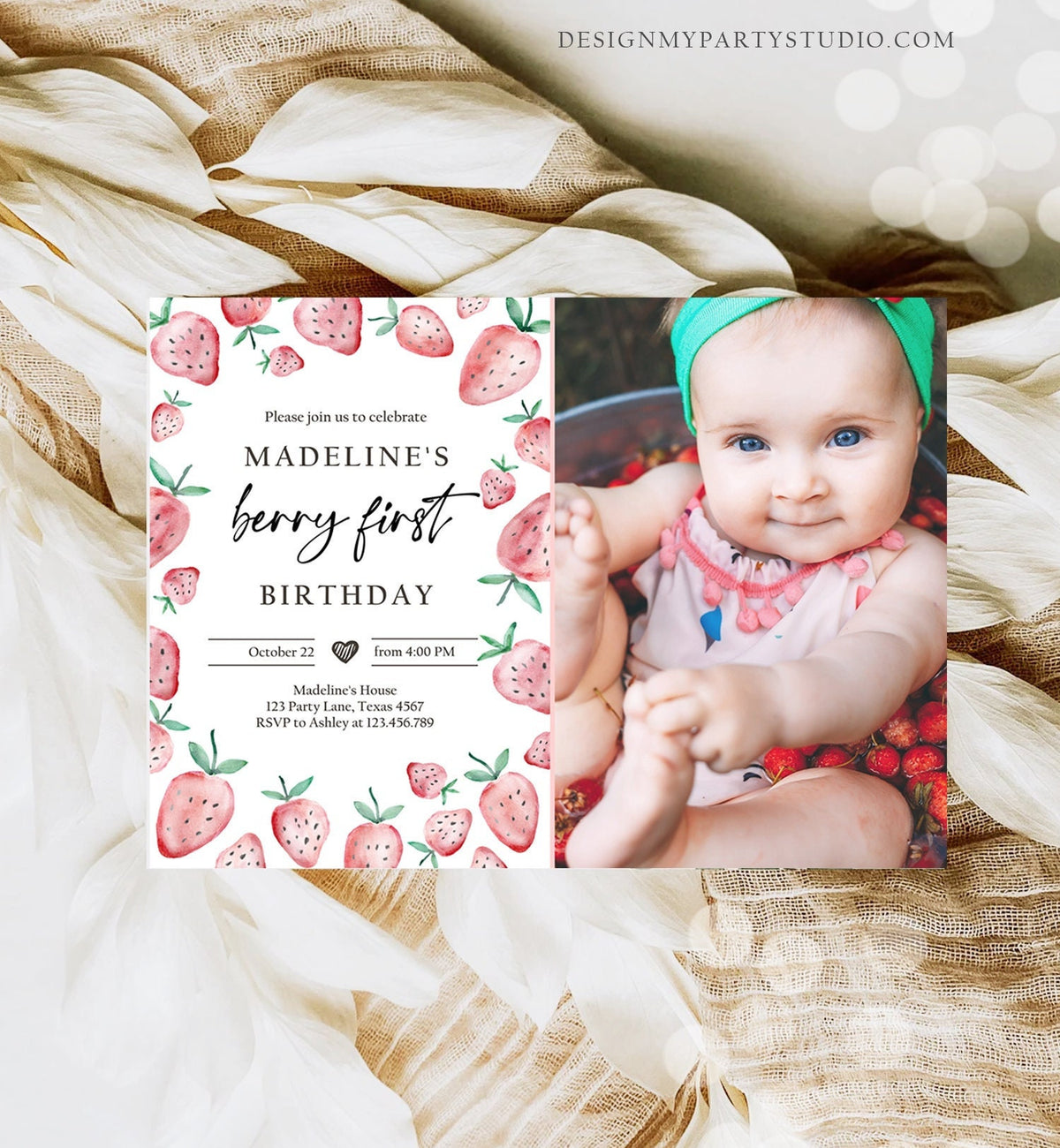 Editable Strawberry Birthday Invitation First Birthday Berry Sweet Girl Cute Strawberries 1st Digital Download Evite Template Printable 0399