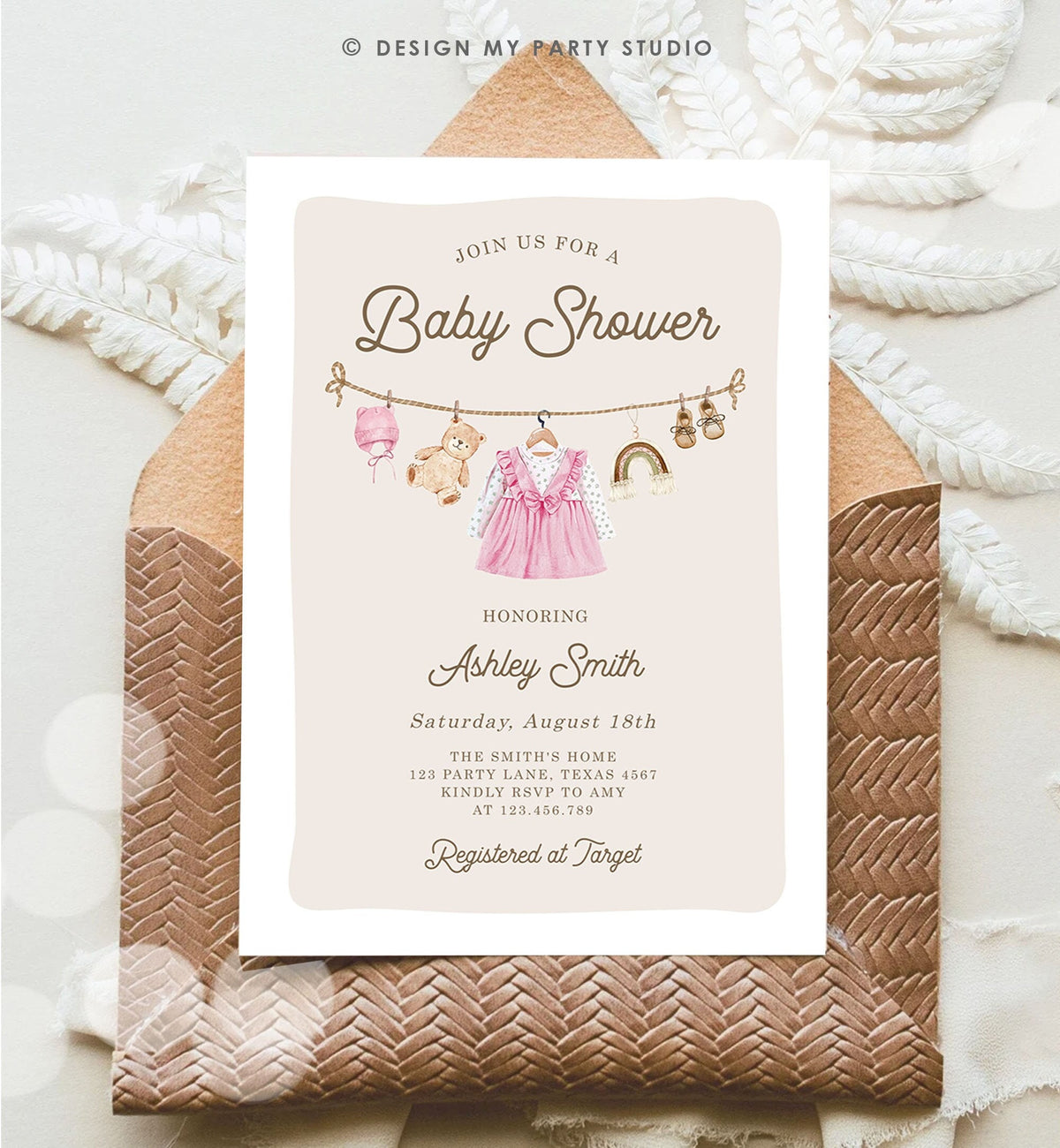 Editable Baby Clothes Baby Shower Invitation Watercolor Girl Clothesline Boho Bohemian Eucalyptus Floral Pink Evite Template Printable 0508