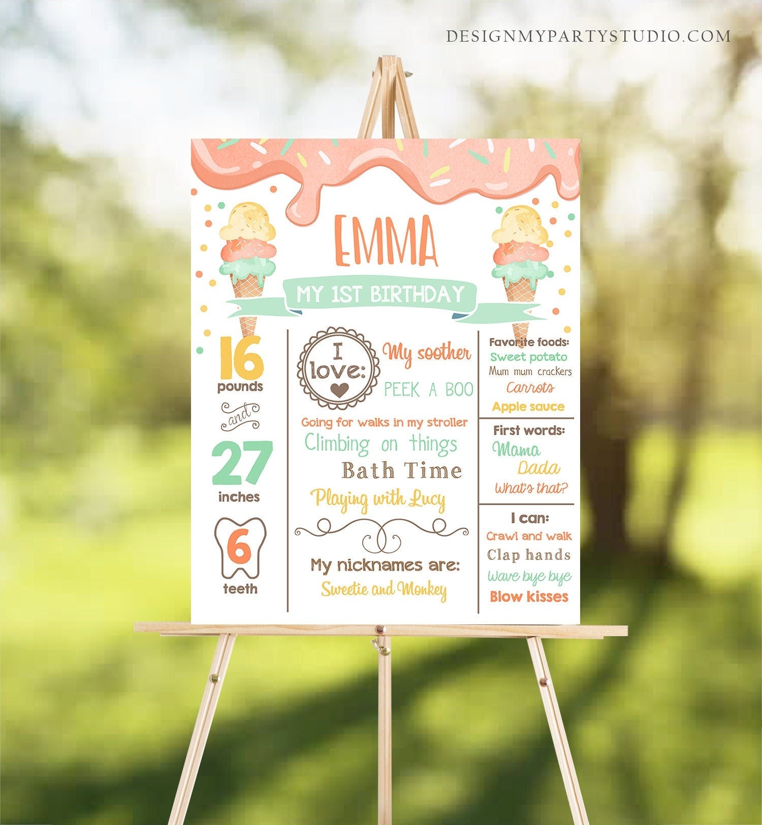 Editable Ice Cream Birthday Milestones Sign Girl Pink First Birthday 1st Cones Sweet Poster Digital Download Template Printable 0243