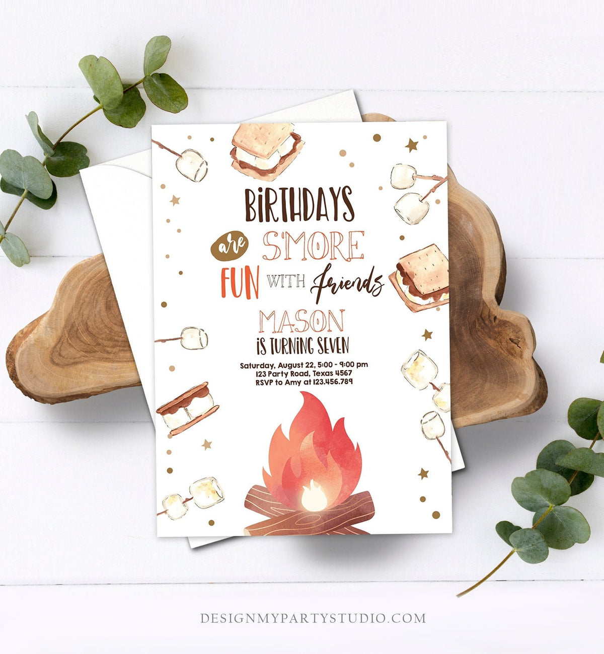 Editable S&#39;more Birthday Invitation Bonfire Invitation Camping Smore Fun with Friends Digital Download Evite Template Printable 0179