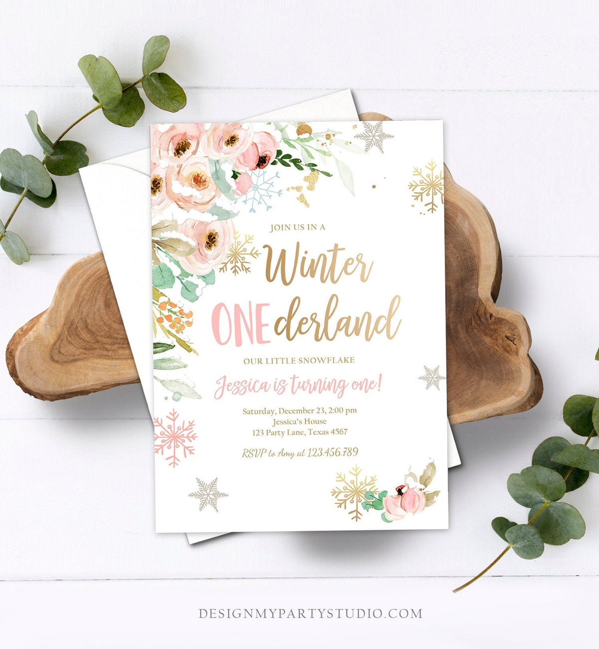 Editable Winter ONEderland Birthday Invitation Floral First Birthday Snowflake Girl Pink Gold Wonderland Evite Template Printable 0184