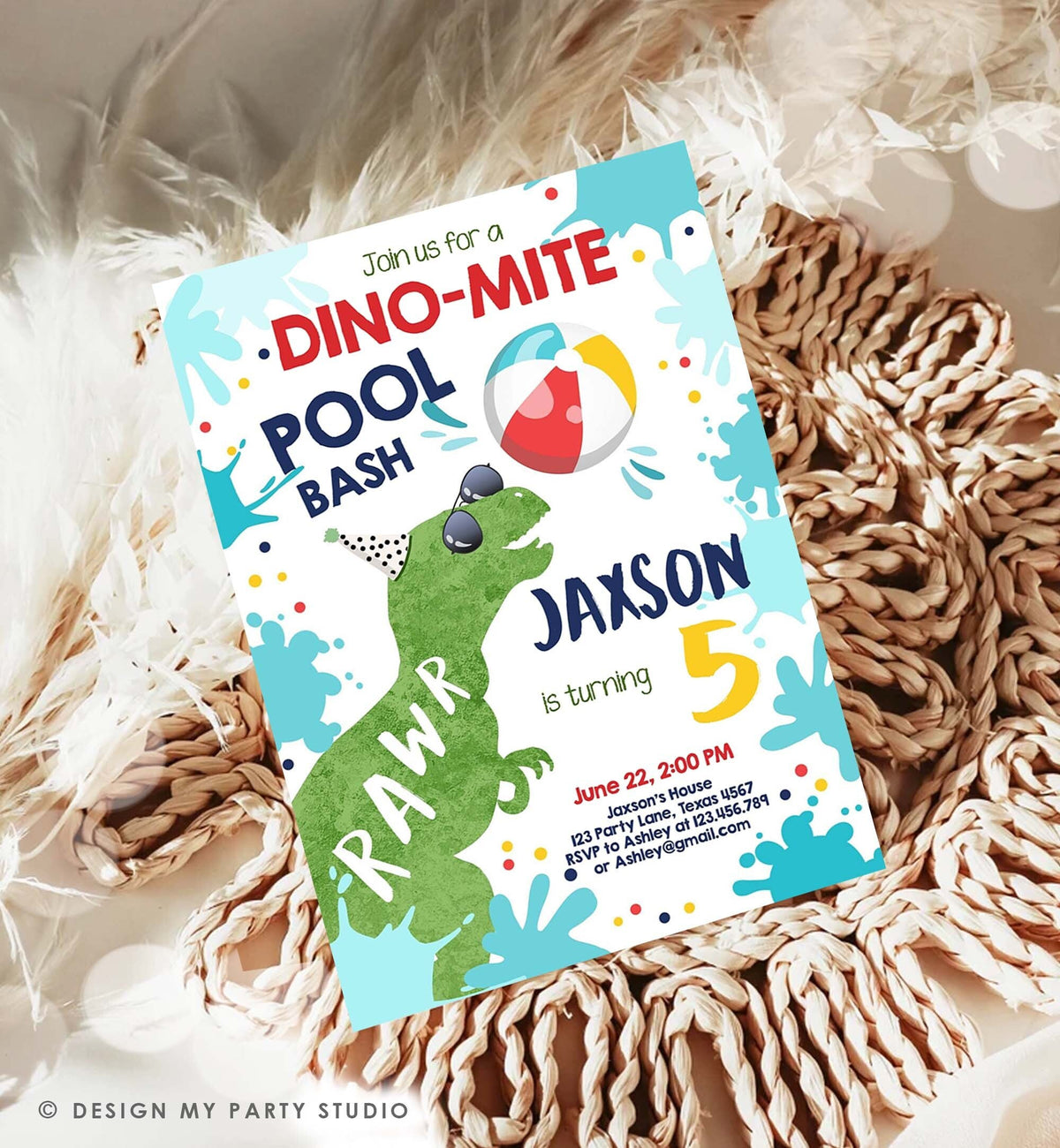 Editable Dinosaur Pool Party Birthday Invitation Dinosaur Birthday Dino T-Rex Boy Bash Download Printable Invitation Template Corjl 0305