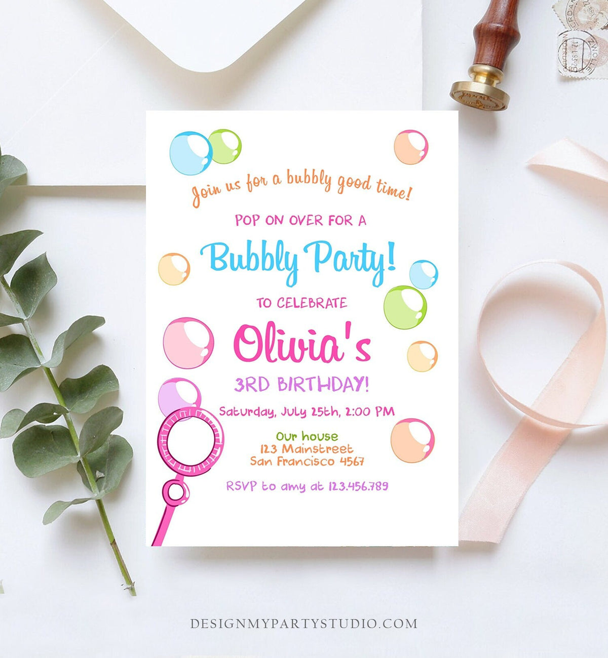 Editable Bubble Birthday Invitation Bubbles Birthday Party Invite Pop Girl Pink Purple Summer Digital Download Evite Template Printable 0035