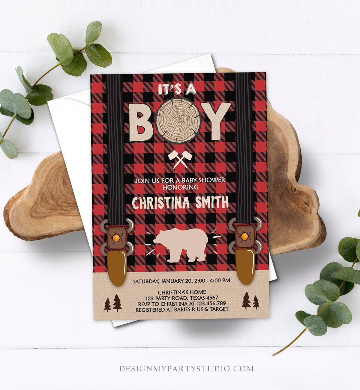 Editable Lumberjack Baby Shower Invitation Baby Boy Buffalo Plaid Rustic Bear Cub It&#39;s a Boy Winter Download Evite Template Printable 0026