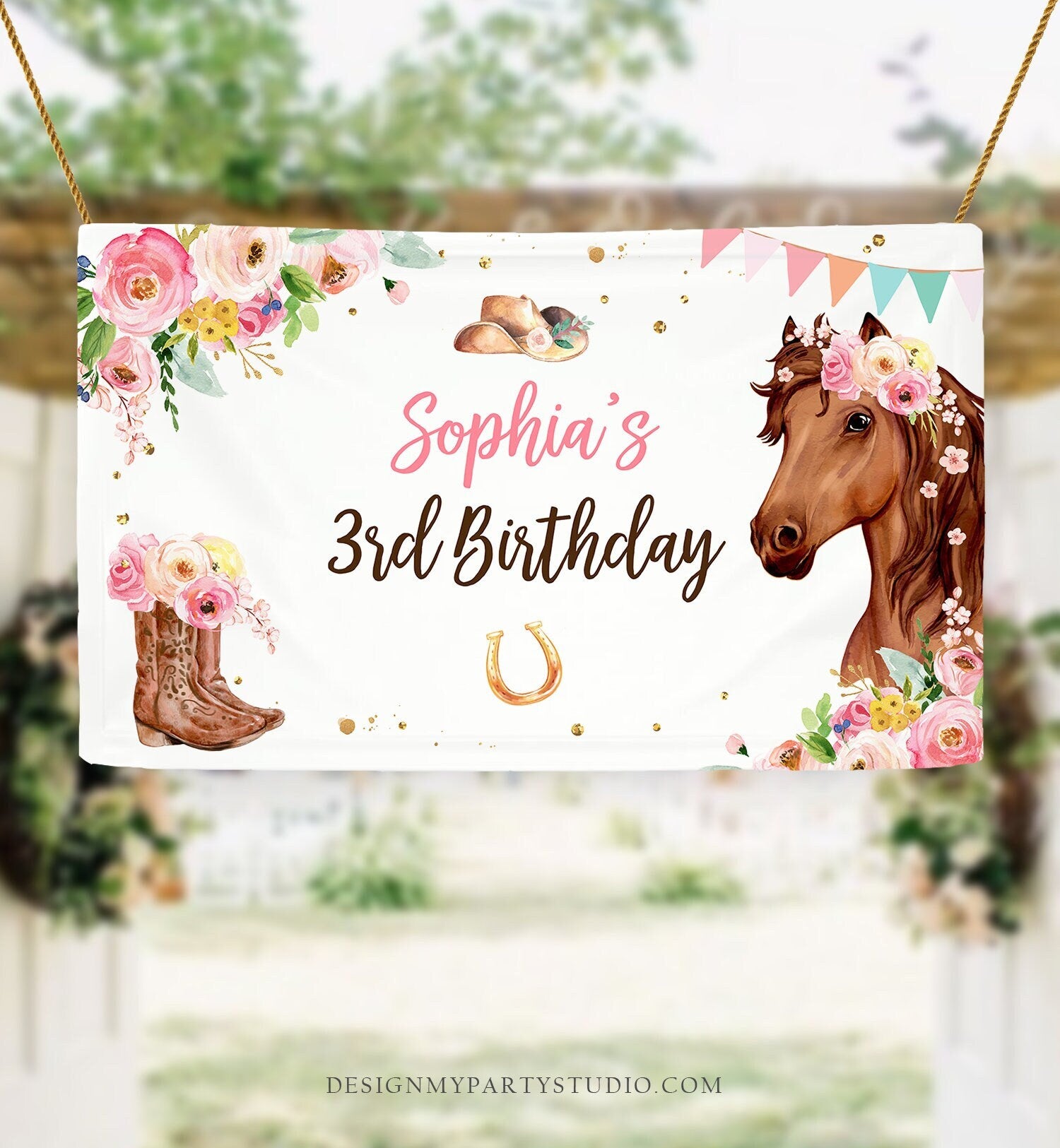 Editable Horse Birthday Backdrop Banner Saddle Up Watercolor Cowgirl Party Girl Pony Decor Party Sign Digital Template Printable 0408