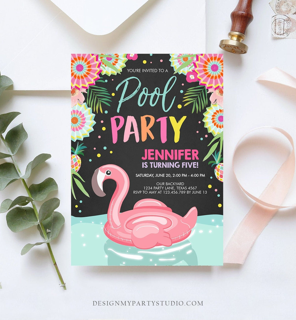 Editable Flamingo Pool Party Invitation Tropical Birthday Bash Splish Splash Summer Digital Download Evite Template Printable 0240