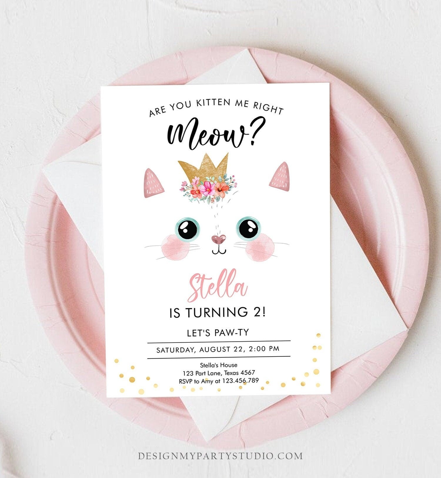 Editable Kitten Birthday Invitation Kitty Cat birthday Party Cat Invite Are You Kitten Me Pink Girl Download Printable Digital Evite 0381