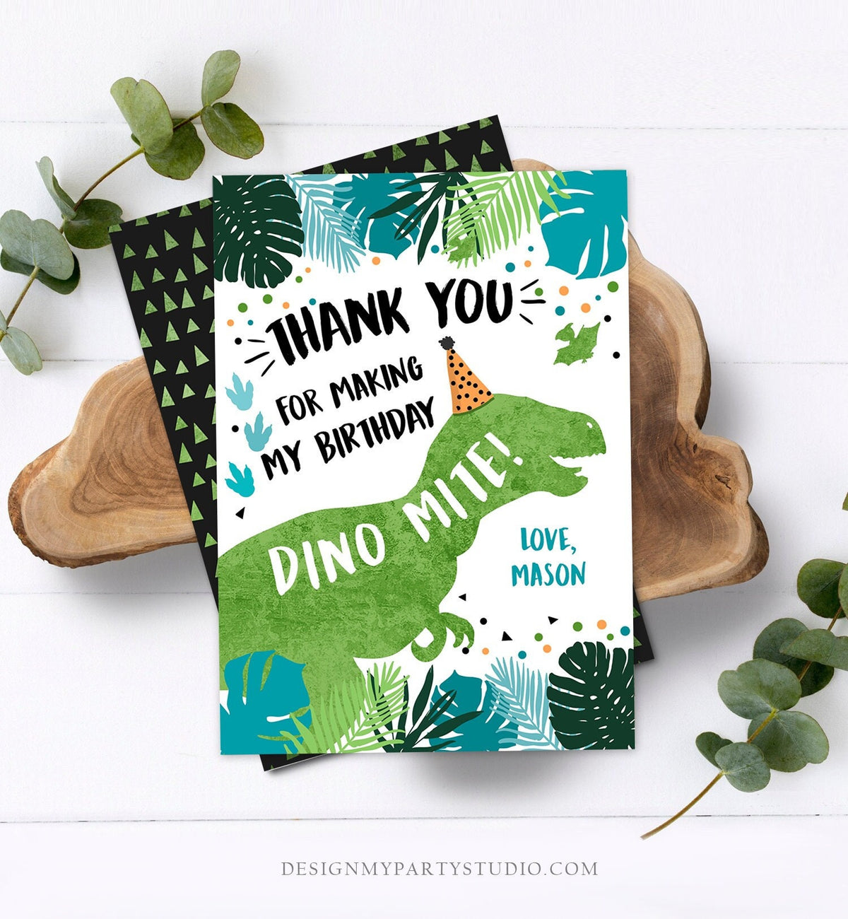 Editable Dinosaur Birthday Thank You Card Boy Green Gold Dino Party T-Rex Three-rex Prehistoric Printable Digital Download Template 0389