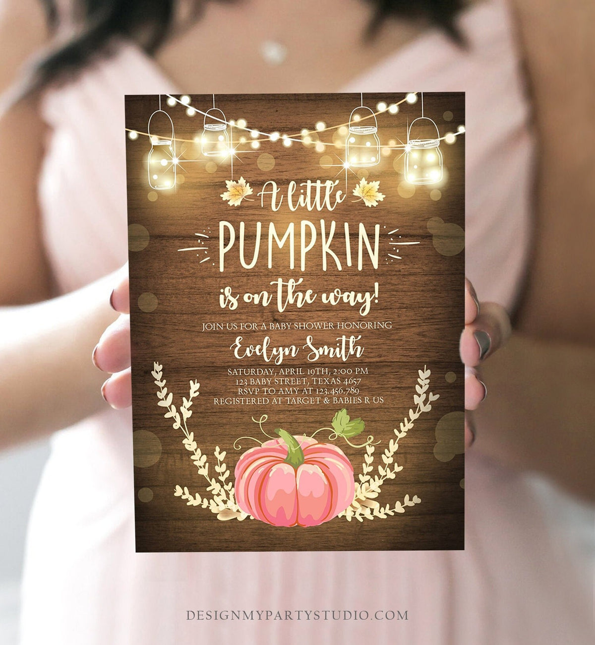 Editable Little Pumpkin Baby Shower Invitation Pink Pumpkin Patch Autumn Fall Rustic Baby Girl Sprinkle Corjl Template Printable 0015