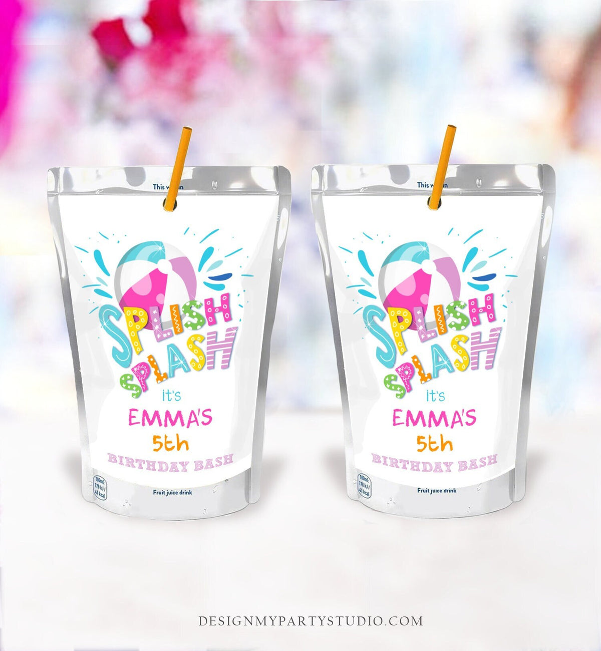 Editable Splish Splash Birthday Juice Pouch Label Juice Favors Pool Party Girl Splash Bash Beach Digital Download Template Printable 0169