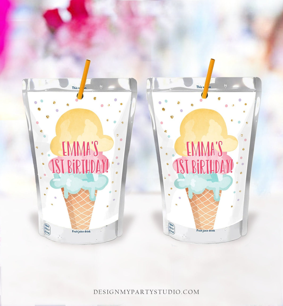 Editable Ice Cream Birthday Juice Pouch Labels Ice Cream Party Girl Favors Cool Sweet Party Scoop Digital Download Template Printable 0243