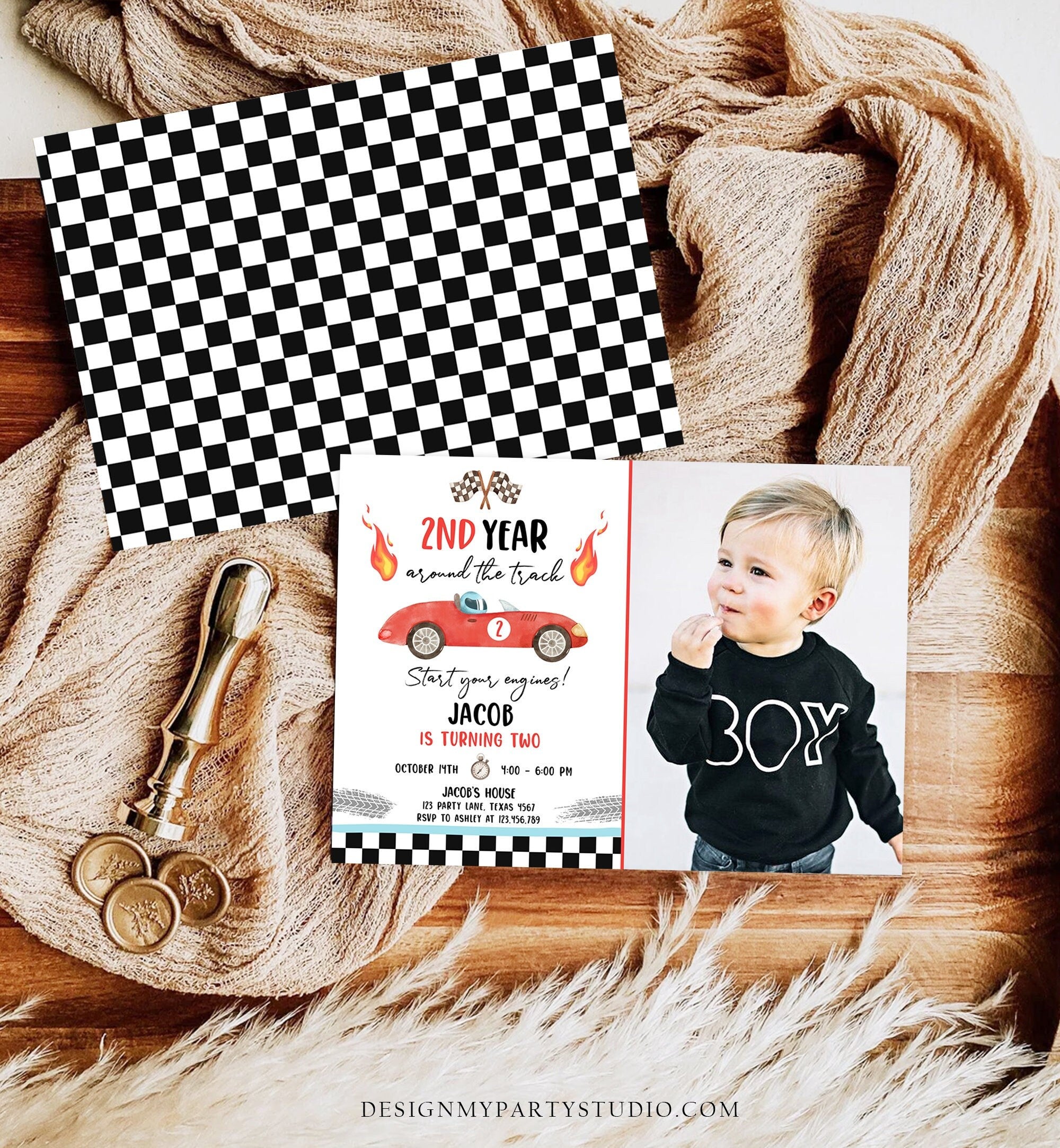 Editable Race Car Birthday Invitation Boy Red Two Fast Party 2nd Year Around the Track Second Birthday Racing Evite Template Printable 0424