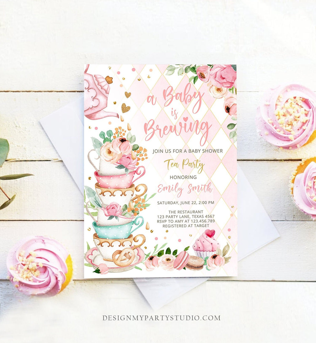 Editable Tea Party Baby Shower Invitation Tea Shower Sprinkle Floral Pink Gold Blush Brunch Bubbly Download Evite Template Printable 0349