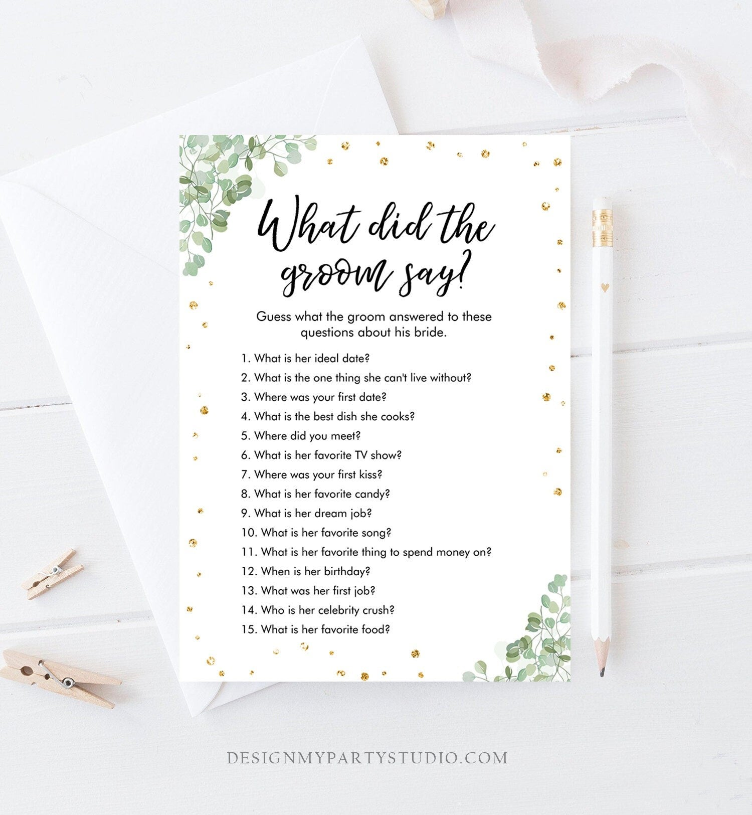 Editable What Did The Groom Say About His Bride Game Bridal Shower Game Eucalyptus Gold Confetti Digital Download Printable 0030 0318