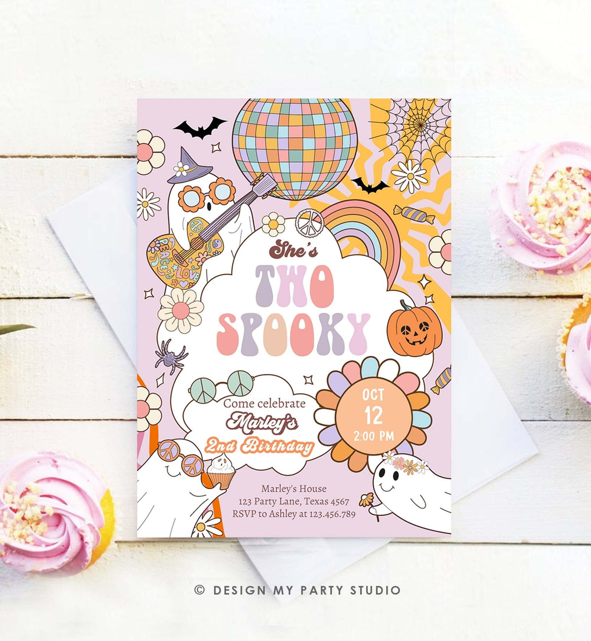 Editable Groovy Halloween Two Spooky Birthday Invitation Pink Ghost Party Girl Boo Spooktacular Party Download Printable Template Corjl 0471