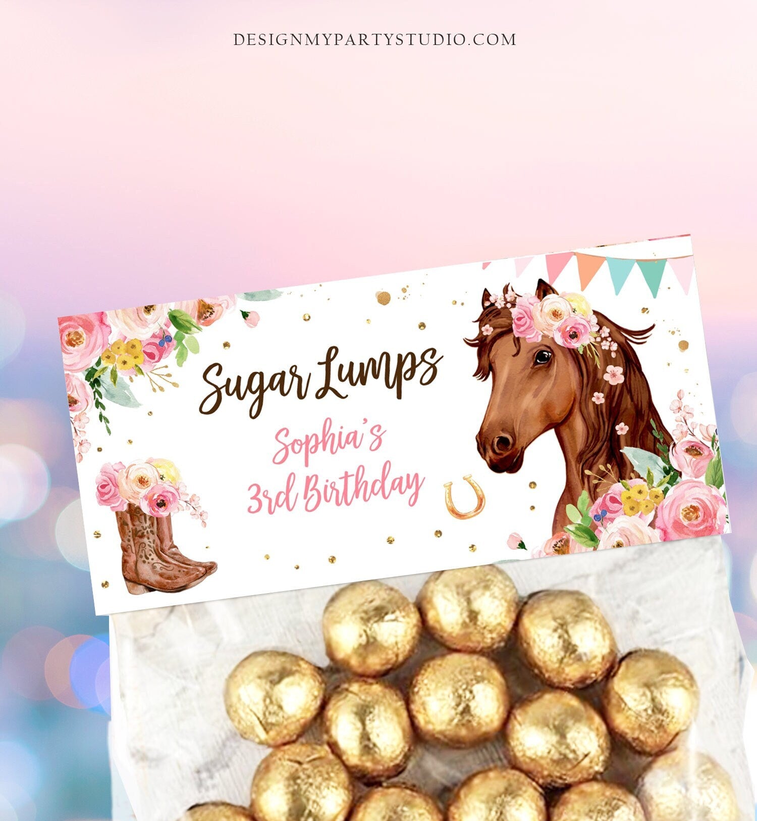 Editable Horse Treat Bag Toppers Horse Birthday Favors Girl Horse Party Favor Tags Cowgirl Pink Floral Digital Template Printable 0408