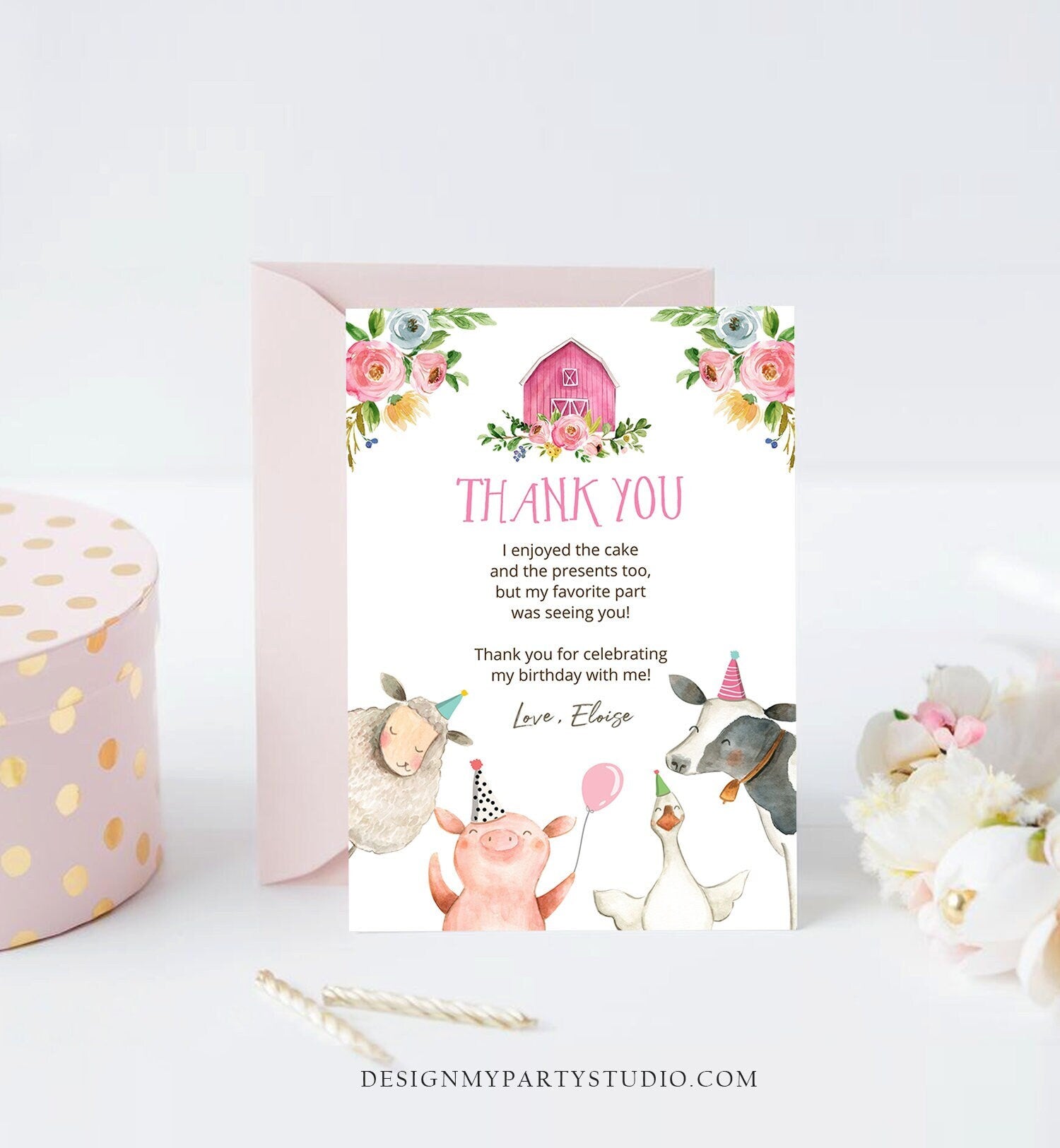 Editable Farm Animals Thank You Card Note Pink Gingham Girl Barnyard Party Party Animals Digital Download Template Printable 0155