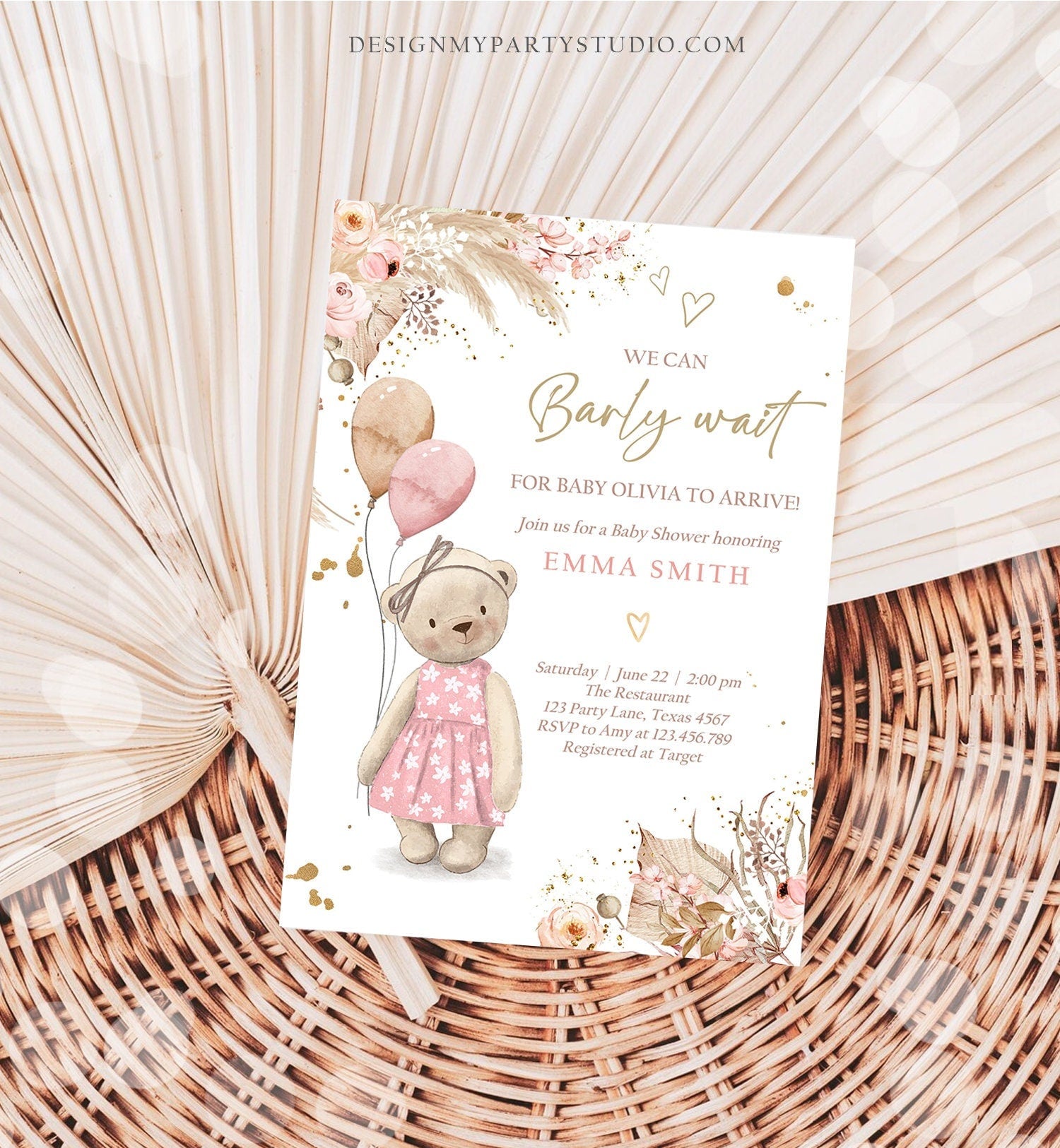 Editable Boho Bear Baby Shower Invitation Girl We can Bearly Wait Pampas Grass Teddy Bear Printable Template Instant Download Evite 0421