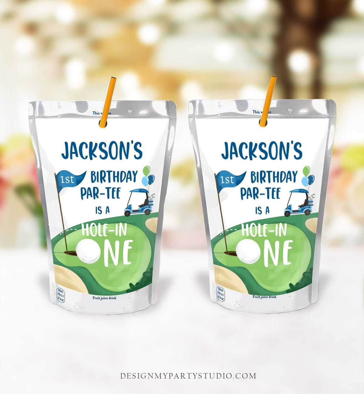 Editable Golf Hole in One Juice Pouch Label Juice Favors Par-tee Golf 1st Boy Birthday Golfing Digital Download Template Printable 0405