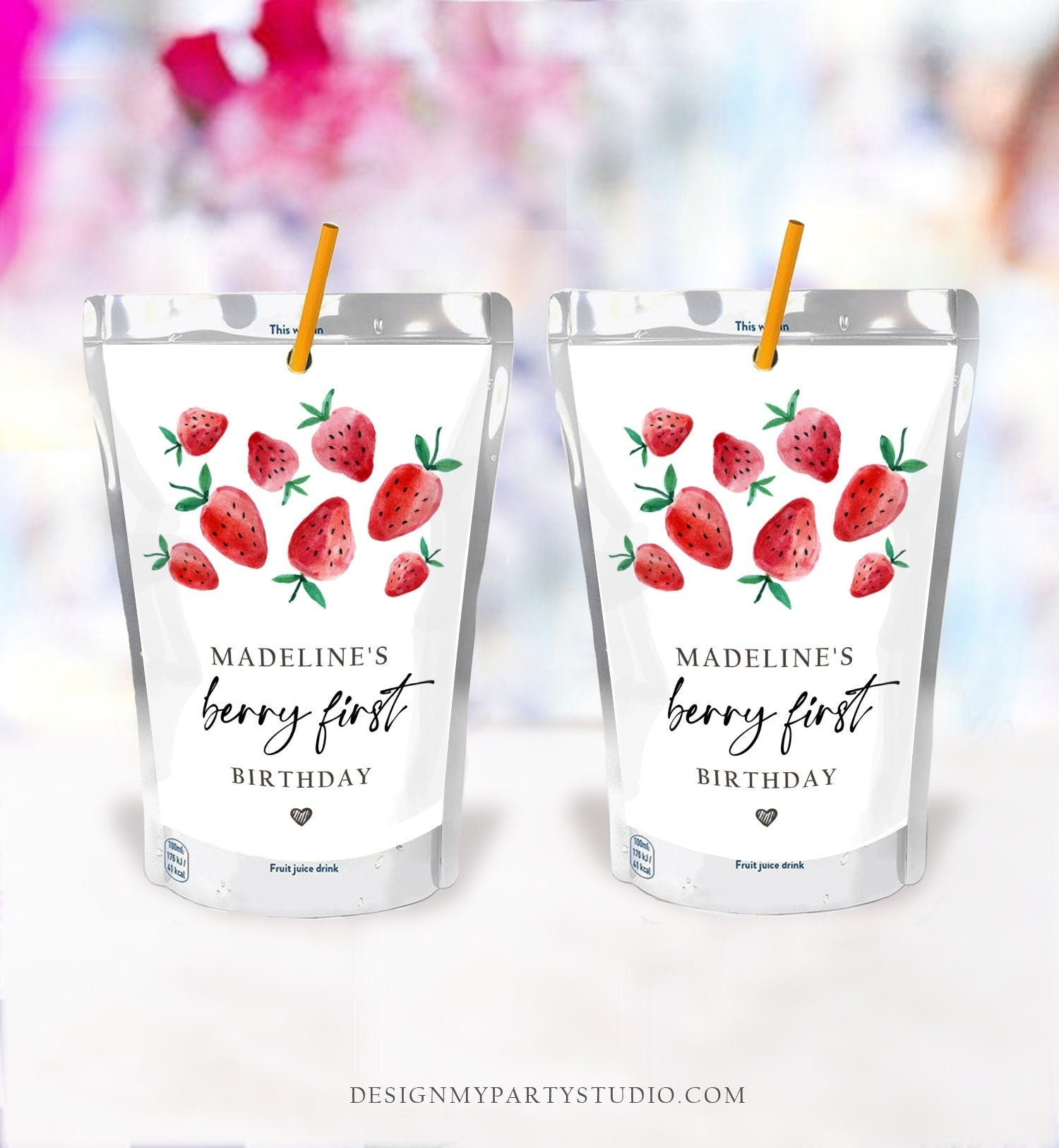 Editable Strawberry Juice Pouch Label Juice Favors Strawberry Birthday Party Girl Berry Sweet Digital Download Template Printable 0399