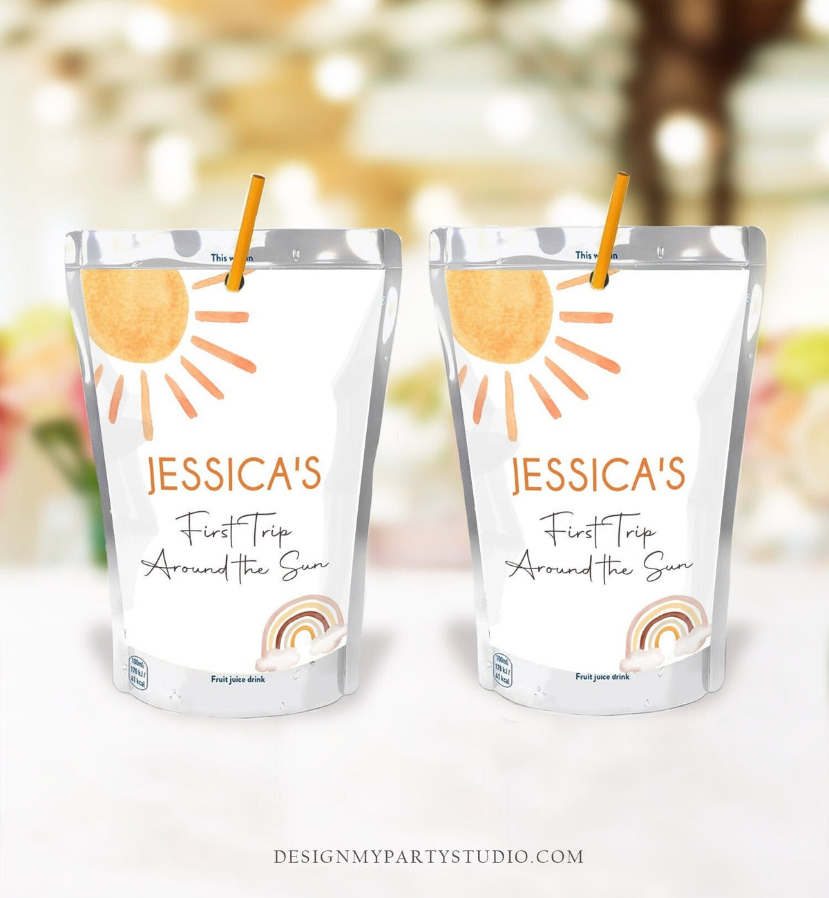 Editable Sunshine Juice Pouch Label Juice Favors Watercolor Birthday First Trip Around the Sun Digital Download Template Printable 0431