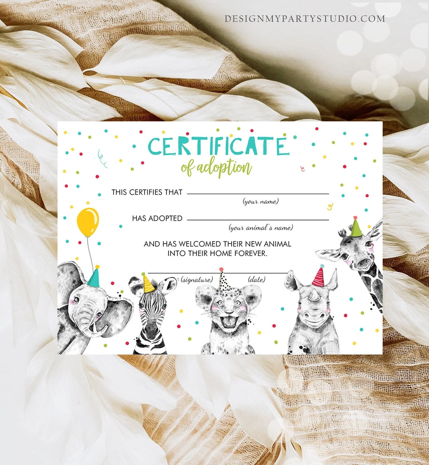 Adopt an Animal Adoption Certificate Safari Animals Adoption Wild One Birthday Party Animals Birthday Boy Digital Download Printable 0390