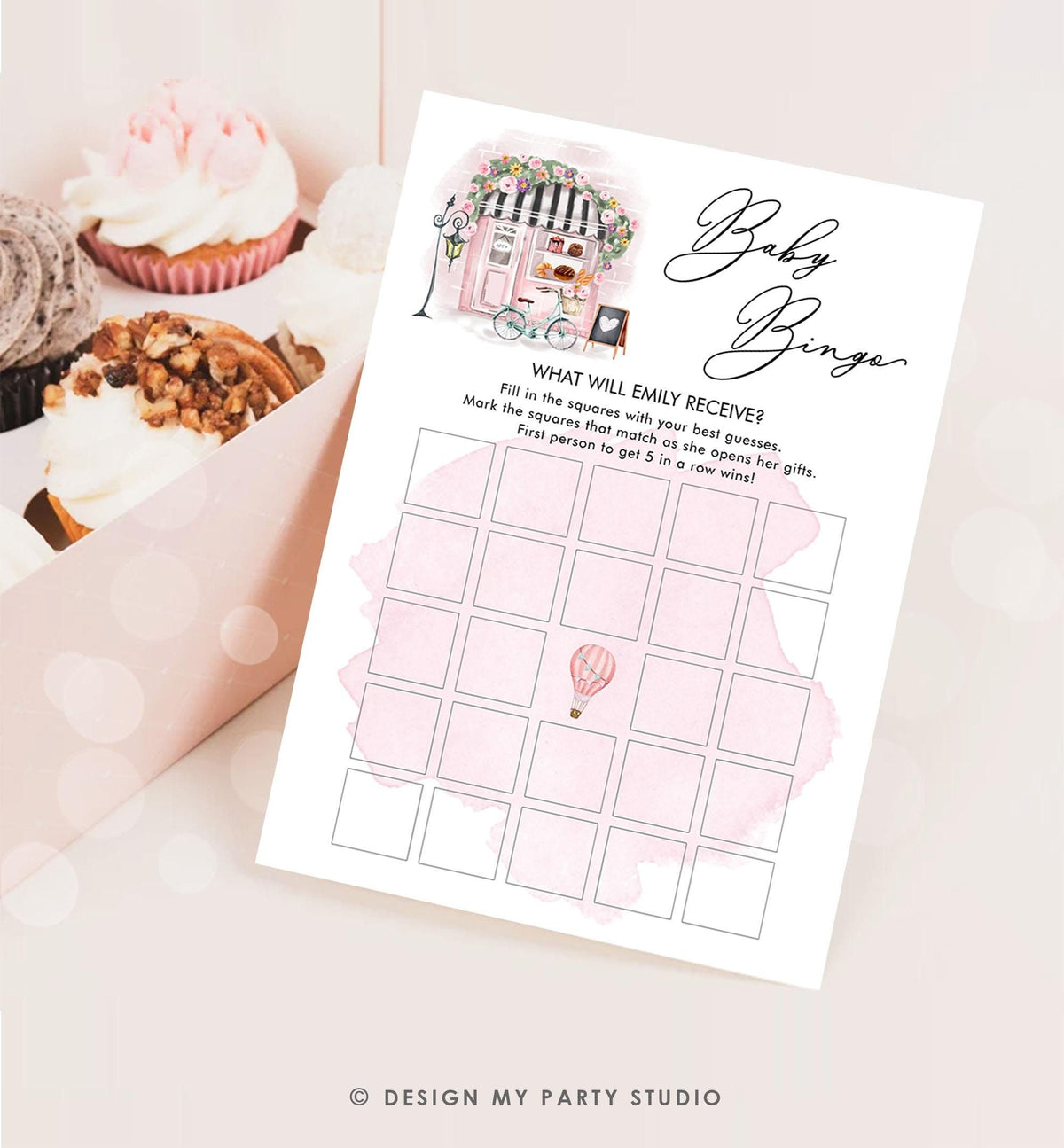 Editable Baby Bingo Game Paris Baby Shower Game Bonjour Bebe French Patisserie Parisian Eiffel Tower Pink Download Template Printable 0441