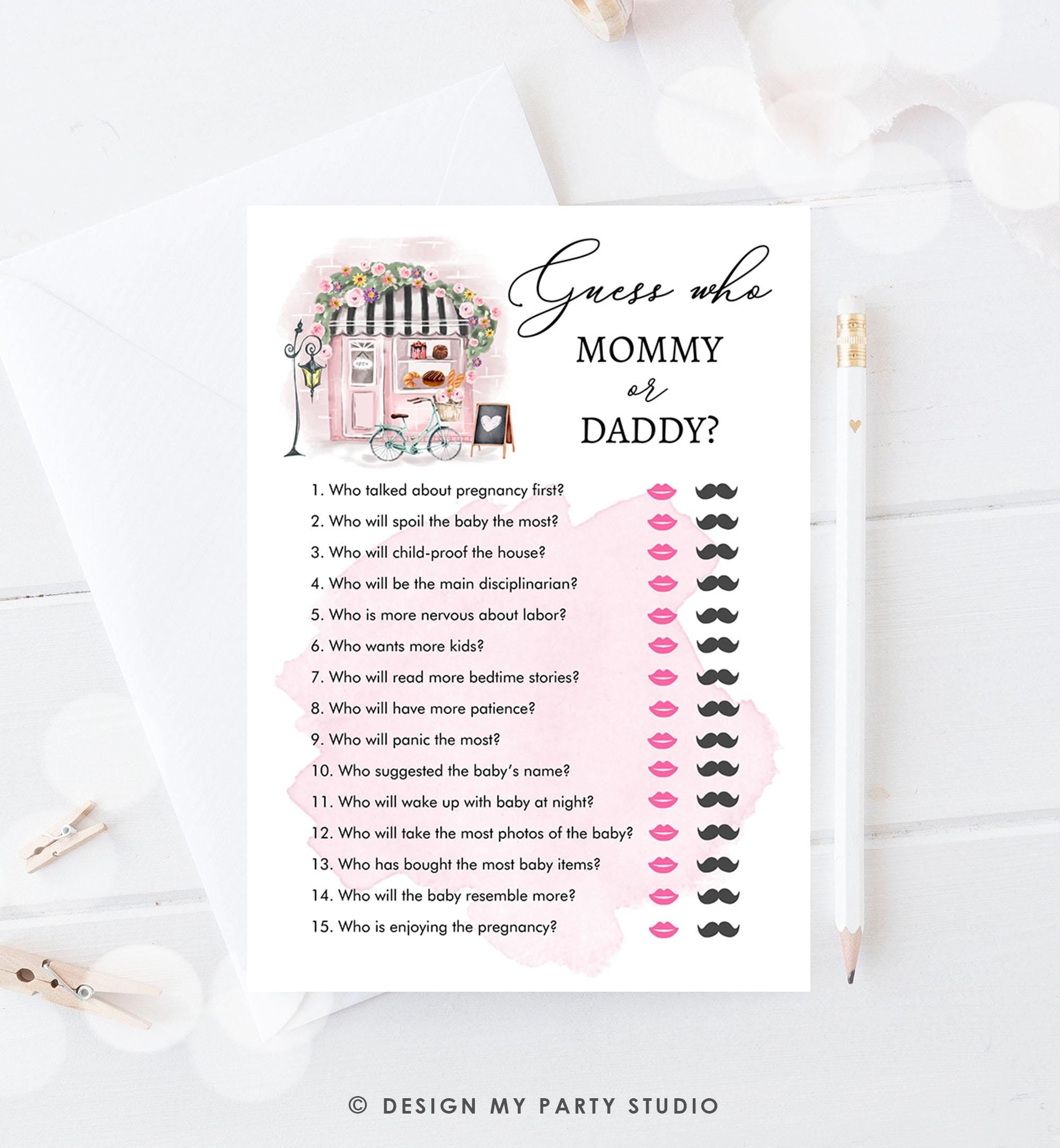 Editable Guess Who Mommy or Daddy Advice Game Paris Baby Shower Bonjour Bebe French Patisserie Eiffel Tower Download Template Printable 0441