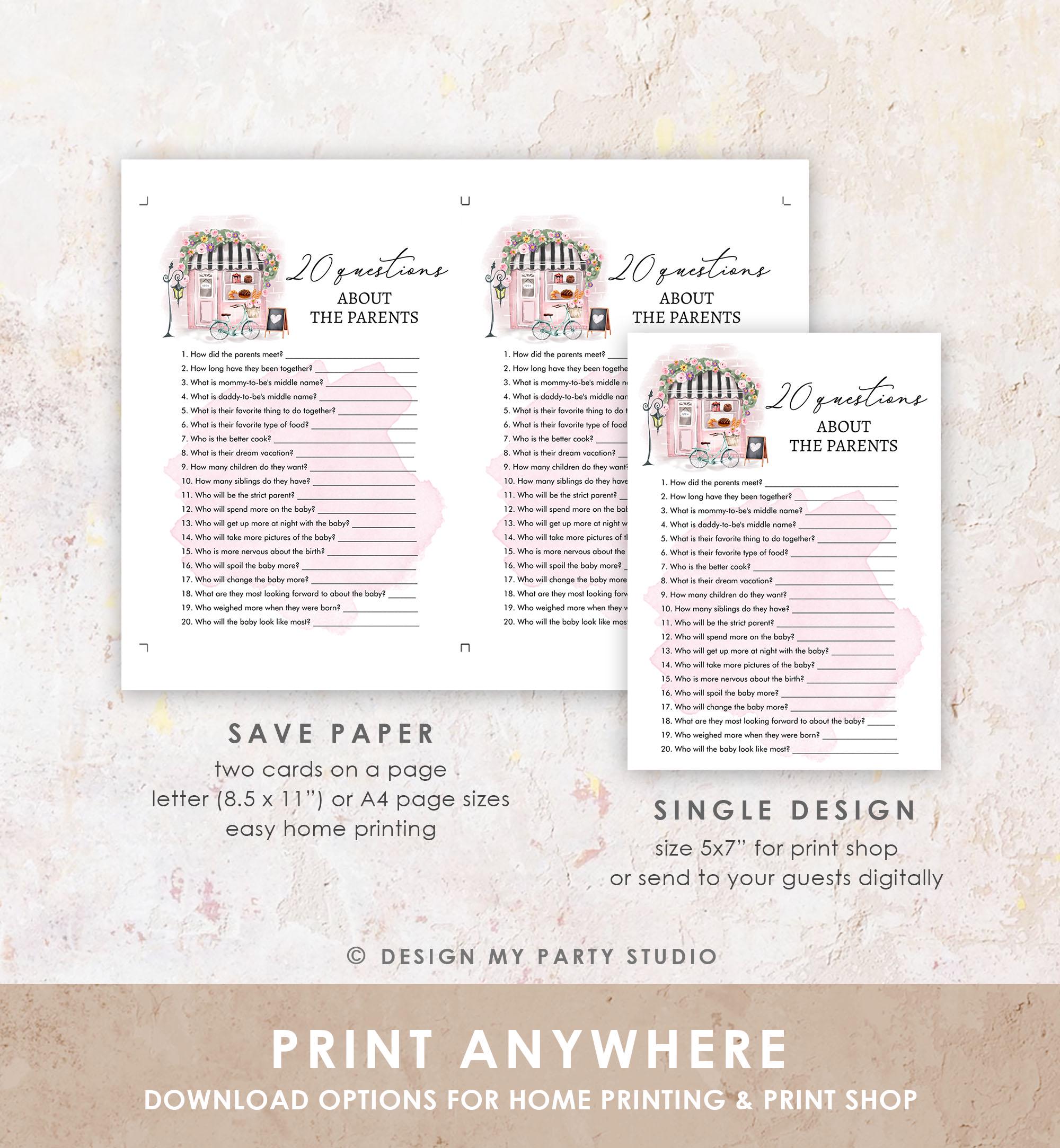 Editable Questions about the Parents Game Paris Baby Shower Bonjour Bebe French Patisserie Eiffel Tower Download Template Printable 0441