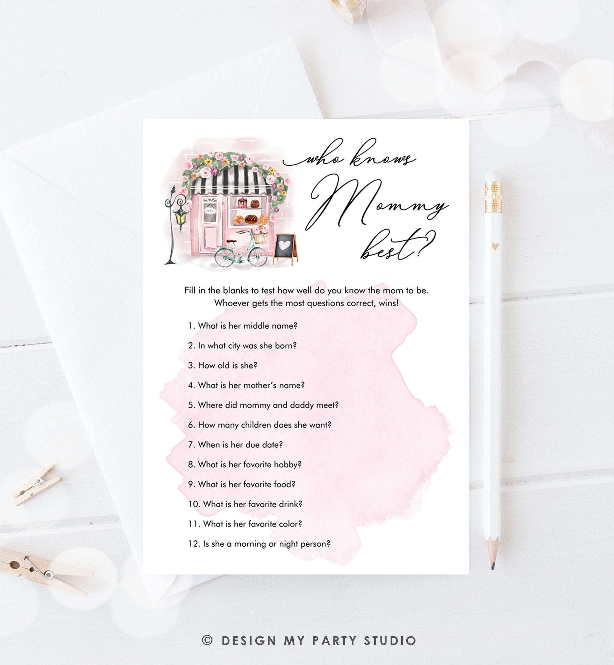 Editable Who Knows Mommy Best Game Paris Baby Shower Bonjour Bebe French Patisserie Eiffel Tower Digital Download Template Printable 0441