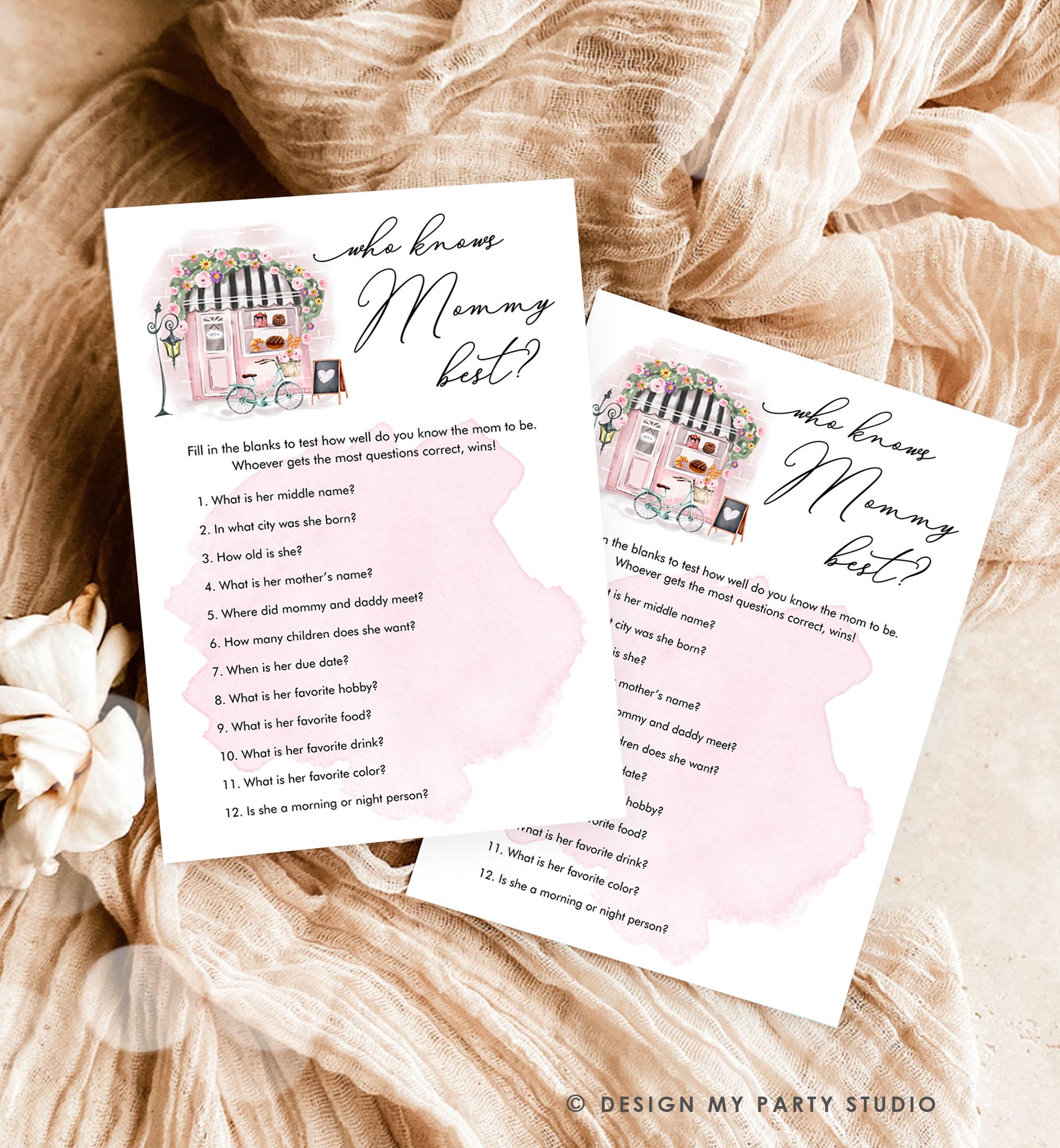 Editable Who Knows Mommy Best Game Paris Baby Shower Bonjour Bebe French Patisserie Eiffel Tower Digital Download Template Printable 0441