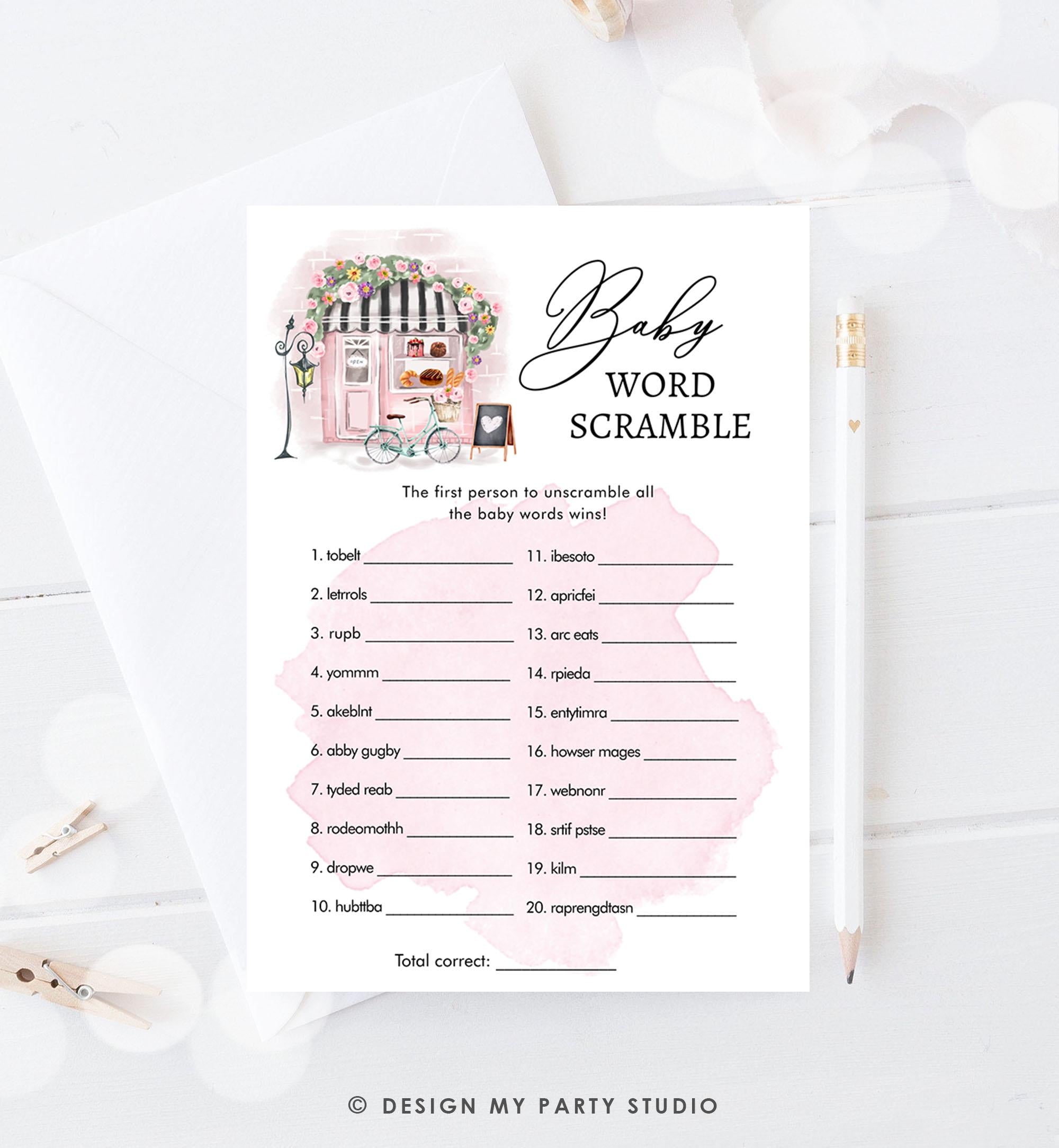 Editable Baby Word Scramble Game Paris Baby Shower Game Bonjour Bebe French Patisserie Parisian Digital Download Template Printable 0441