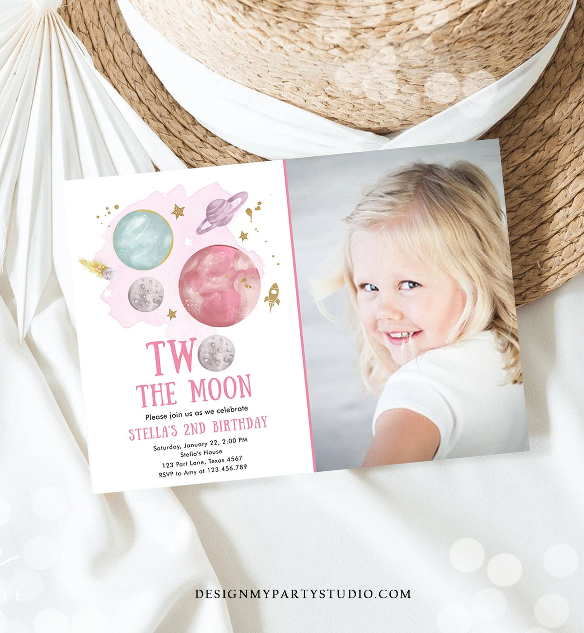 Editable Two the Moon 2nd Second Birthday Invitation Girl Pink Space Two the Moon Galaxy Digital Download Evite Template Printable 0357