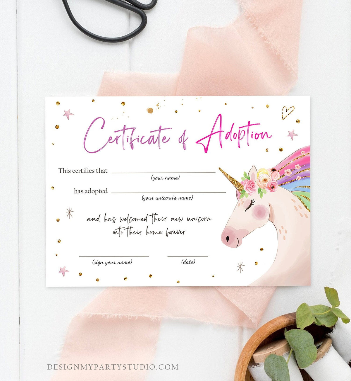 Adopt a Unicorn Certificate Unicorn Adoption Unicorn Birthday Party Magical Birthday Rainbow Girl Instant Download Digital Printable 0411