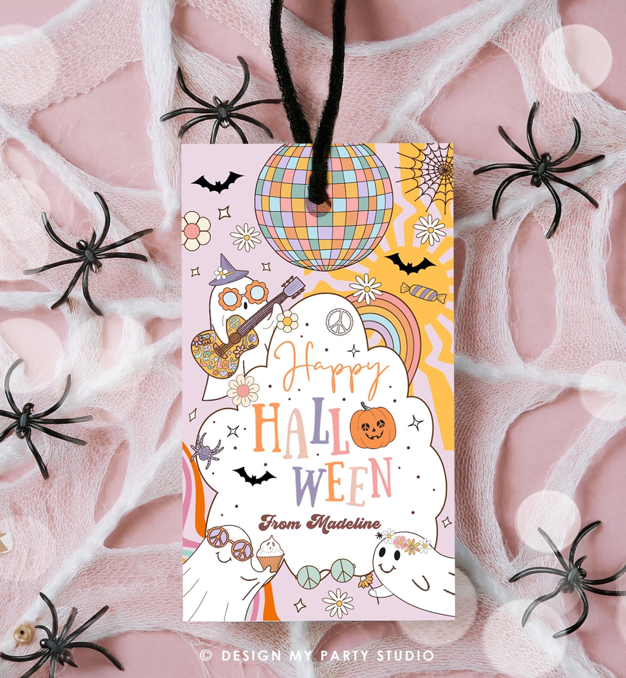 Editable Happy Halloween Retro Groovy Ghost Gift Tag Spooky Vibes Favor Tag Spooktacular Digital Download Printable Template 0261 0471 0009