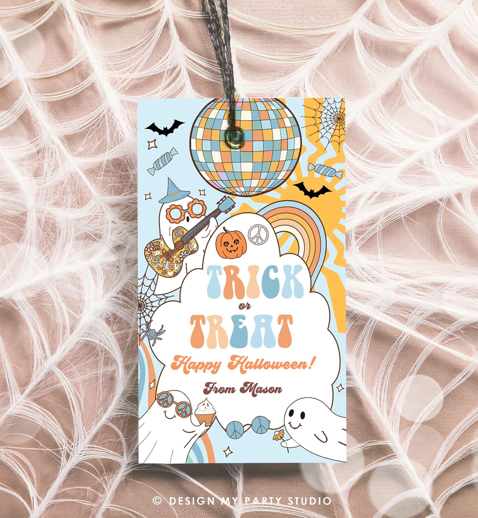 Editable Trick or Treat Halloween Retro Groovy Ghost Gift Tag Spooky Vibes Favor Tag Spooktacular Digital Printable Template 0261 0471 0009