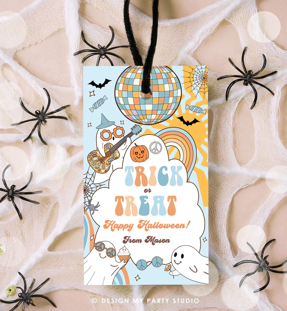 Editable Trick or Treat Halloween Retro Groovy Ghost Gift Tag Spooky Vibes Favor Tag Spooktacular Digital Printable Template 0261 0471 0009