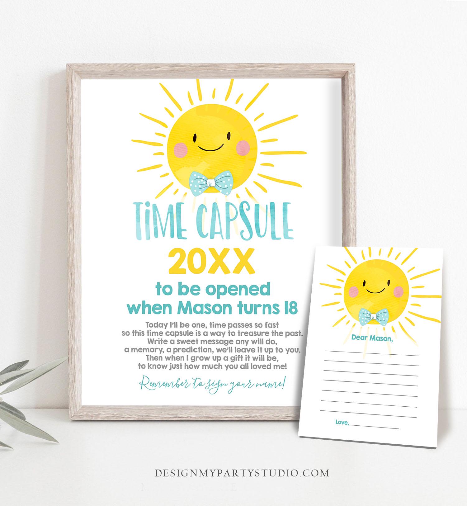 Editable Time Capsule Sunshine First Birthday Party Little Sunshine Blue Boy 1st Birthday Summer Guestbook Digital Template Printable 0141