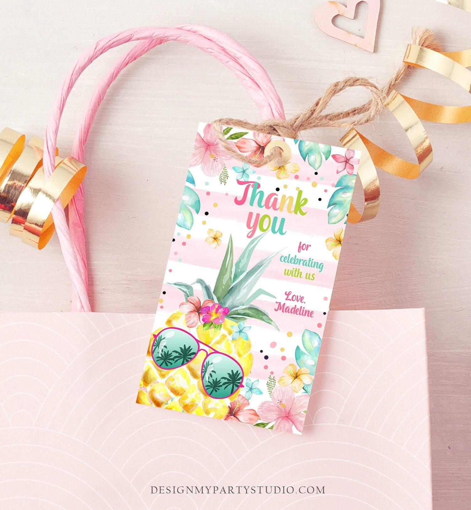 Editable Tropical Aloha Hawaiian Favor Tag Luau Birthday Party Pineapple Favor Tag Mahalo Pool Party Girl Digital Template Printable 0391