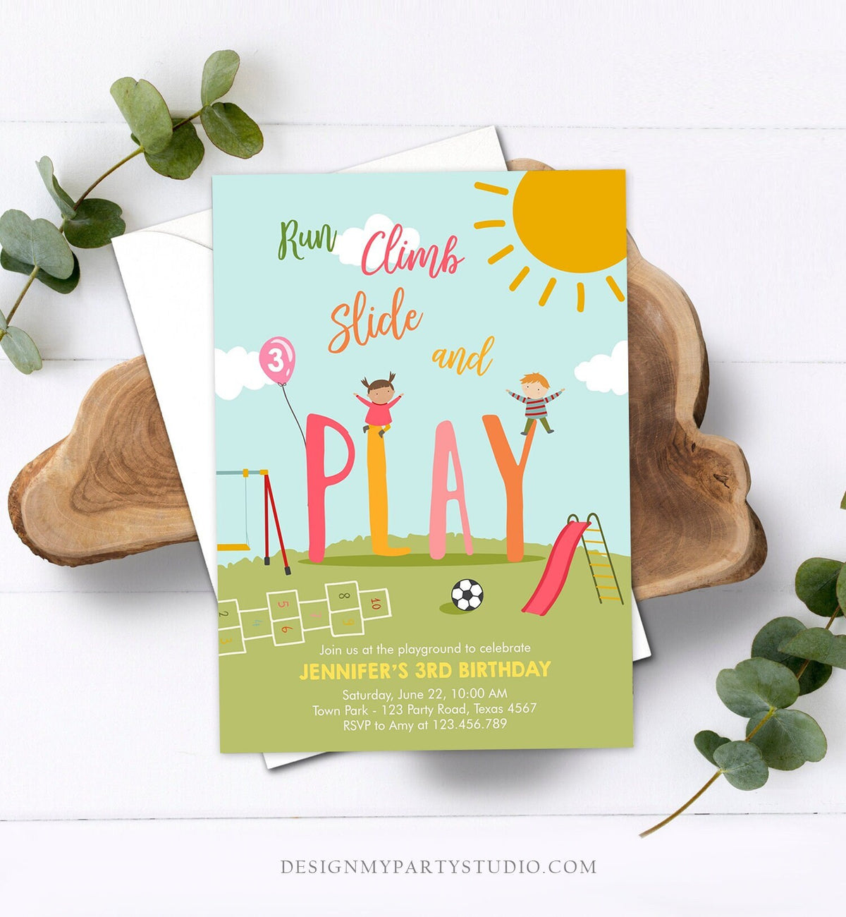 Editable Playground Birthday Invitation Party In The Park Girl Pink Run Climb Slide and Play Download Printable Template Digital Evite 0327