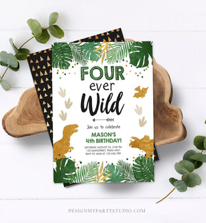 Editable Four Ever Wild Birthday Invitation Dinosaur Dino Party Boy 4th Fourth Birthday Green Gold Fourever Corjl Template Printable 0146