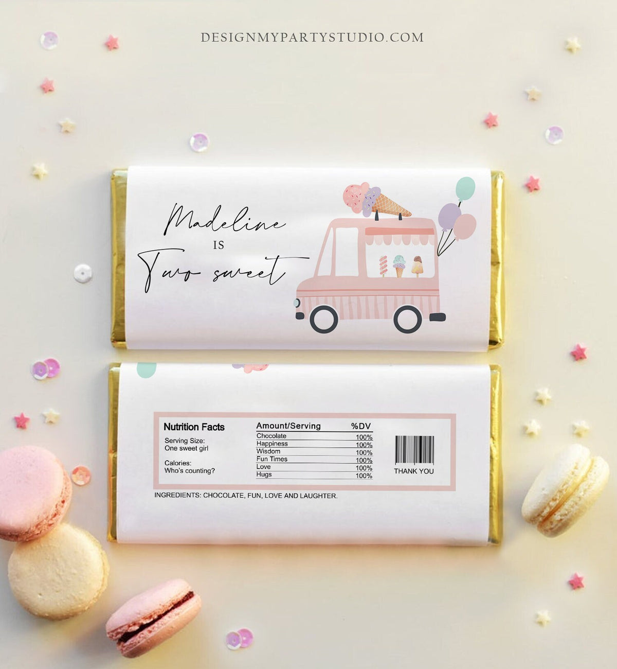 Editable Ice Cream Truck Candy Bar Wrapper Ice Cream 2nd Birthday Chocolate Bar Labels Two Sweet Digital Download Template Printable 0415