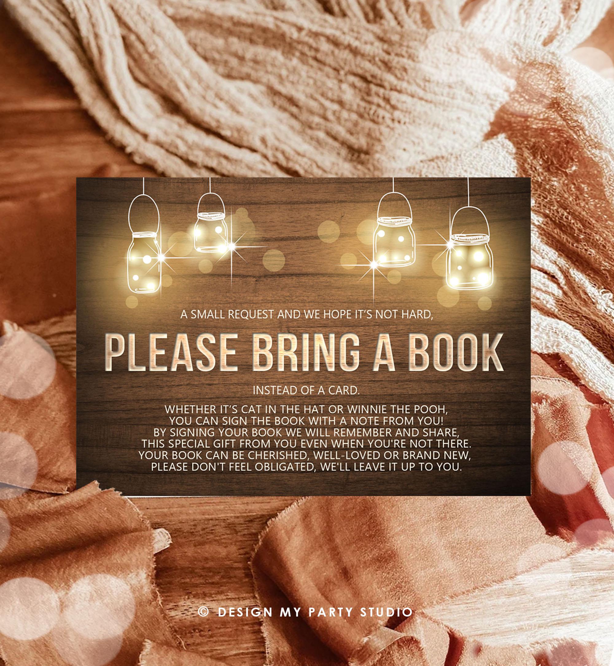 Bring a Book Card Baby Shower String Lights Rustic Shower Wood Book Insert Books for Baby Note Request Digital Download Printable 0015