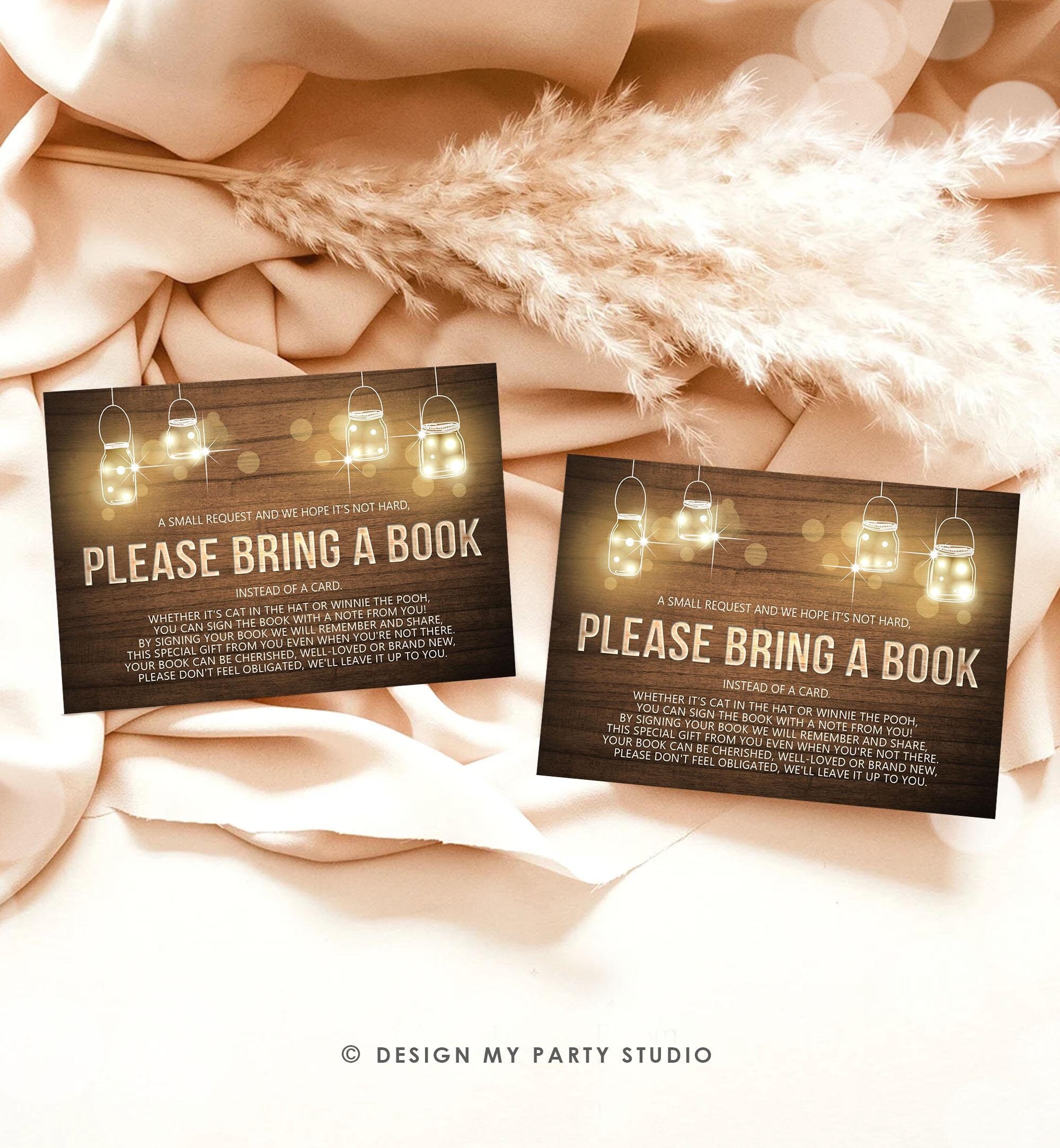 Bring a Book Card Baby Shower String Lights Rustic Shower Wood Book Insert Books for Baby Note Request Digital Download Printable 0015